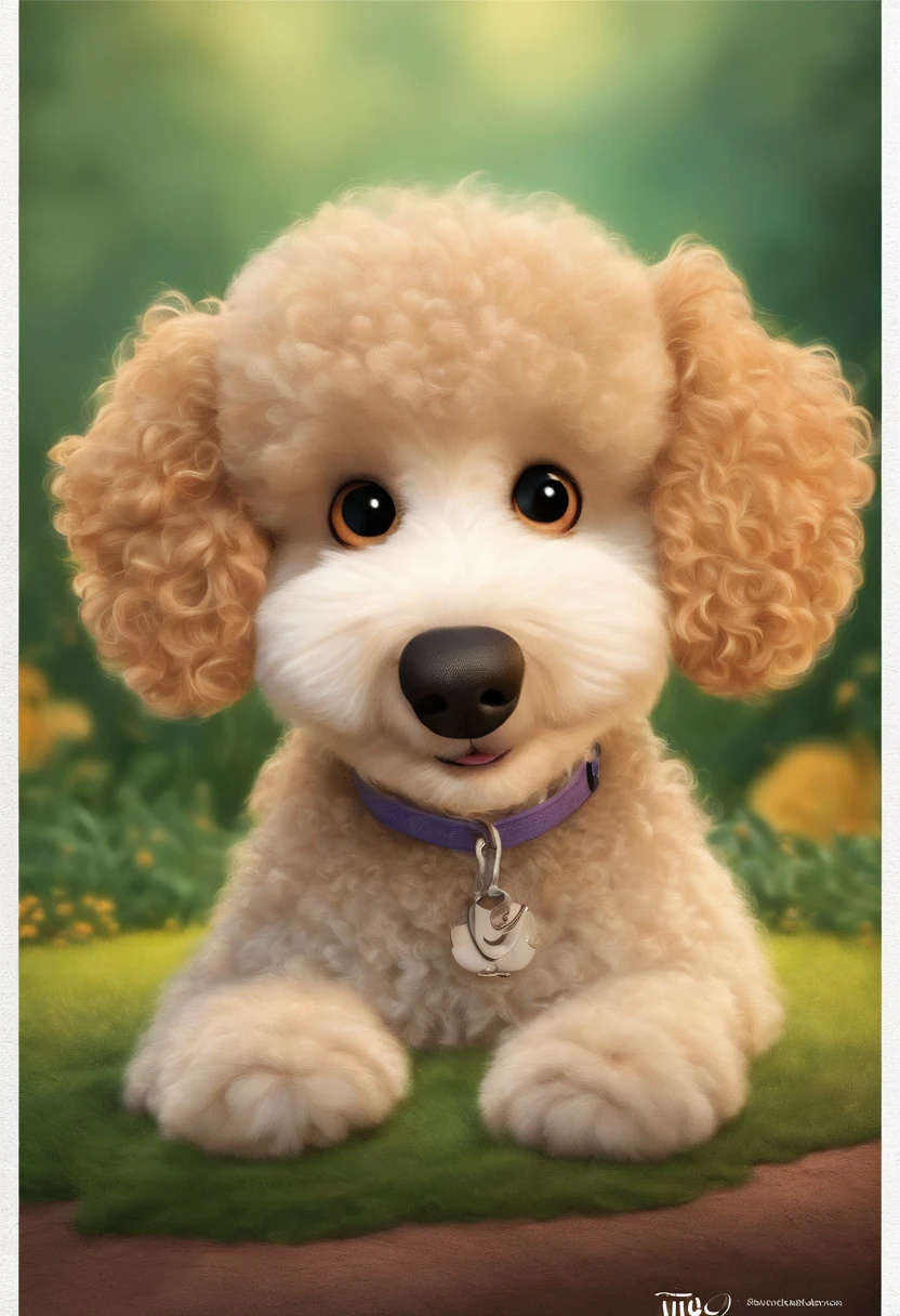 Create a poster inspired by Disney Pixar movies, apresentando uma cachorrinha de poodle branca, cachorrinho de pele bem cuidada com dentes caninos afiados e pontiagudos brincando. The poster is titled 'Juju' Digital art should be in the style of Pixar, reminiscent of an animated feature.