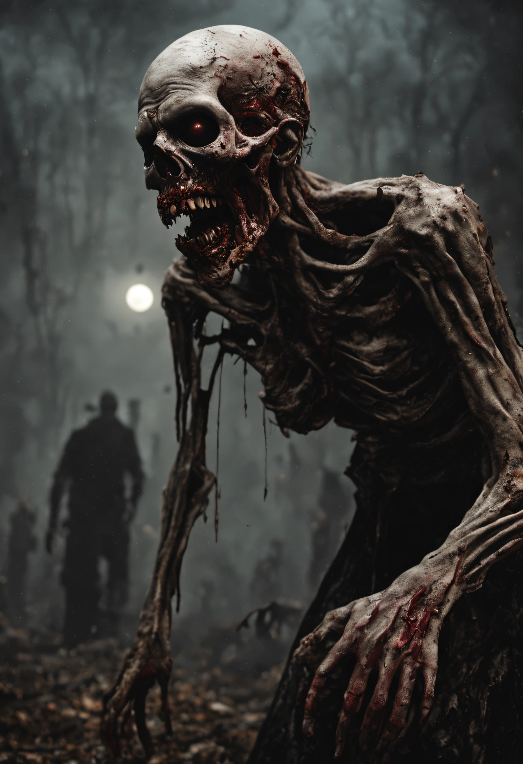 (zombie),(best quality,ultra-detailed),(horrifying,nightmarish),(living dead,undead:1.1),(rotting flesh),(pale skin),(sunken eyes),(bloody mouth and teeth),(torn clothes),(creepy atmosphere),(dark shadows),(emphasis on gory details:1.1),(horror movie),(zombie apocalypse),(moonlit graveyard),(eerie fog),(ominous moon),(spooky lighting),(sinister expression),(abandoned buildings),(cemetery),(shuffling walk),(decay),(creaking sounds),(eerie silence),(ghastly appearance),(horror makeup),(menacing figure),(sinister presence),(unearthly groaning),(horrifying transformation),(unsettling atmosphere),(imposing posture),(dead eyes),(haunting),(terrifying scene),(distorted limbs),(menacing aura),(grimacing face),(unholy terror),(pleasingly grotesque:0.9),(shambling gait),(guts and gore),(horrific details),(biting and devouring),(creepy visuals)