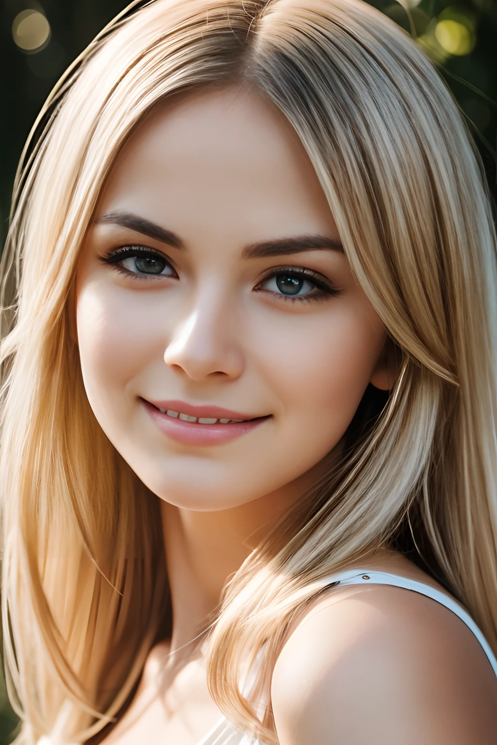 Realistic photo of beautiful woman with round face and high cheekbones, She has a cute button nose and a small chin, With big, beautiful pale eyes, She has dark eyebrows and white blonde hair, She has a compact and strong body with beautiful legs, she is smiling, (masutepiece), (Photorealistic:1.4), Raw photo, Best Quality, hight resolution, Rich colors, Backlight, Bright sunlight, Cinematic lighting, Film grain, Raw photo, 50mm Lens, Nikon D850, Warm colors