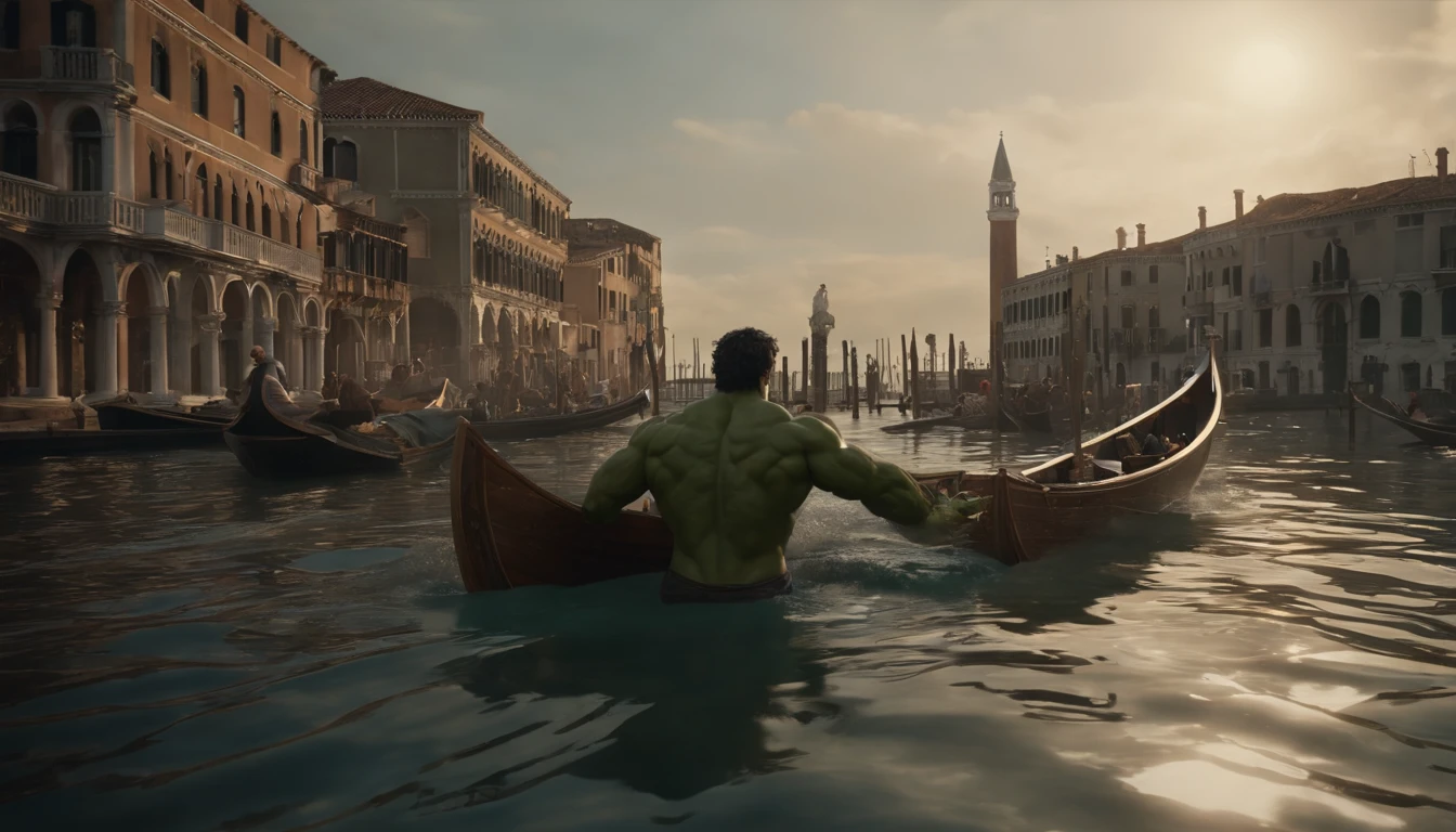 Realistic, Personality: [Illustrate a wide shot of the Hulk and Wonder Woman about to board a gondola in Venice. The peaceful and serene atmosphere is destroyed when the water beneath them churns and foams. A huge mechanical sea serpent emerges from the water, piloted by a villain from another dimension. The scene should convey a sense of surprise and imminent danger.] unreal engine, hyperreal --q 2 --v 5.2 --ar 16:9