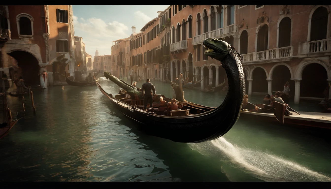 Realistic, Personality: [Illustrate a wide shot of the Hulk and Wonder Woman about to board a gondola in Venice. The peaceful and serene atmosphere is destroyed when the water beneath them churns and foams. A huge mechanical sea serpent emerges from the water, piloted by a villain from another dimension. The scene should convey a sense of surprise and imminent danger.] unreal engine, hyperreal --q 2 --v 5.2 --ar 16:9