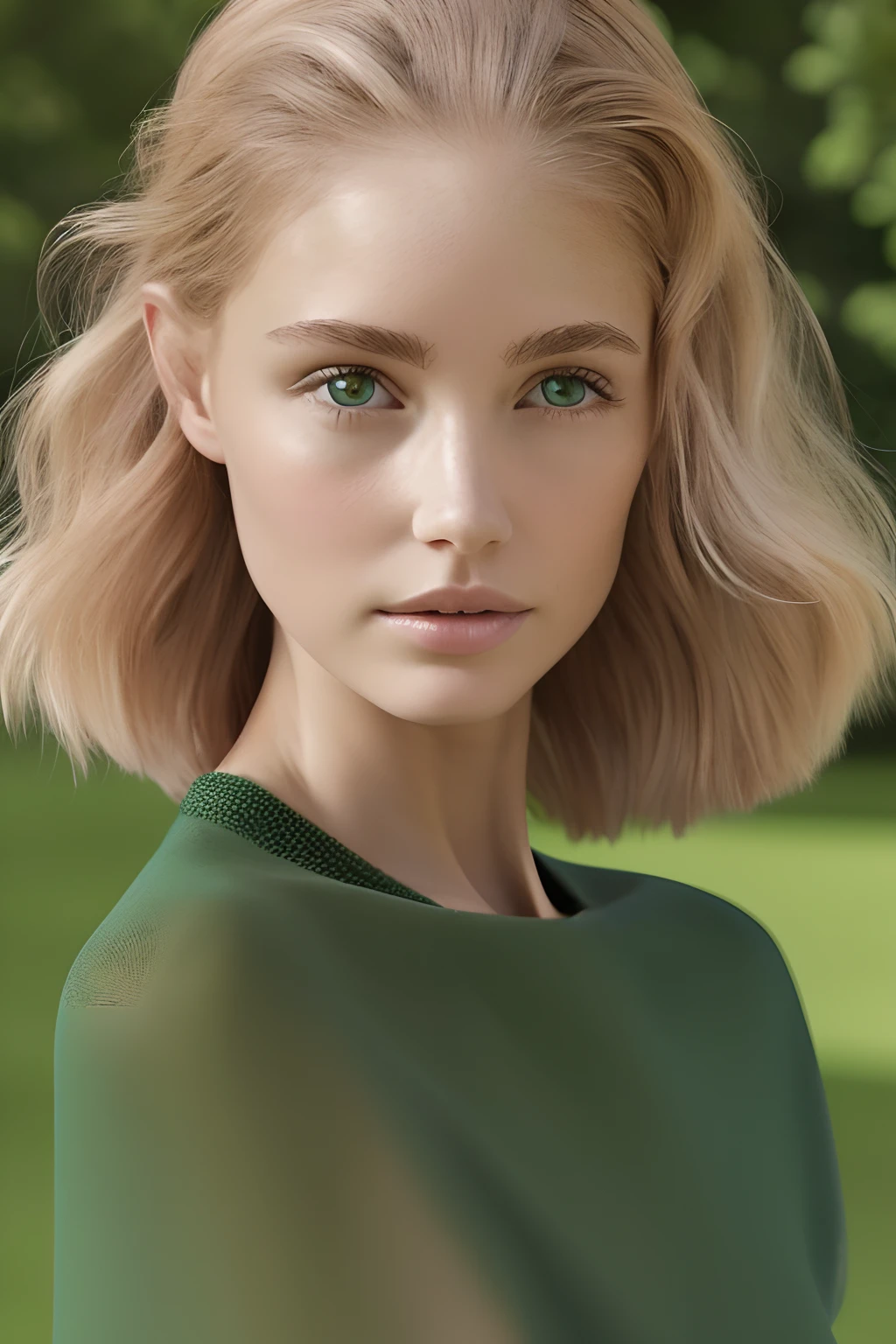 (master part:1.2),A realistic photo of a very beautiful English girl with delicate features, Green doe eyes, pele clara ,longos cabelos vermelhos soltos,usando um vestido verde (altamente detalhado:1.3)