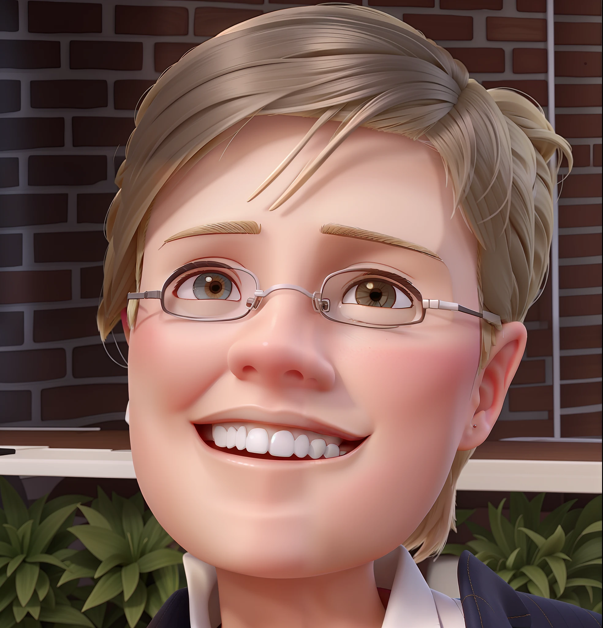 blonde woman with short white hair and glasses well dressed on the background of a clothing store
