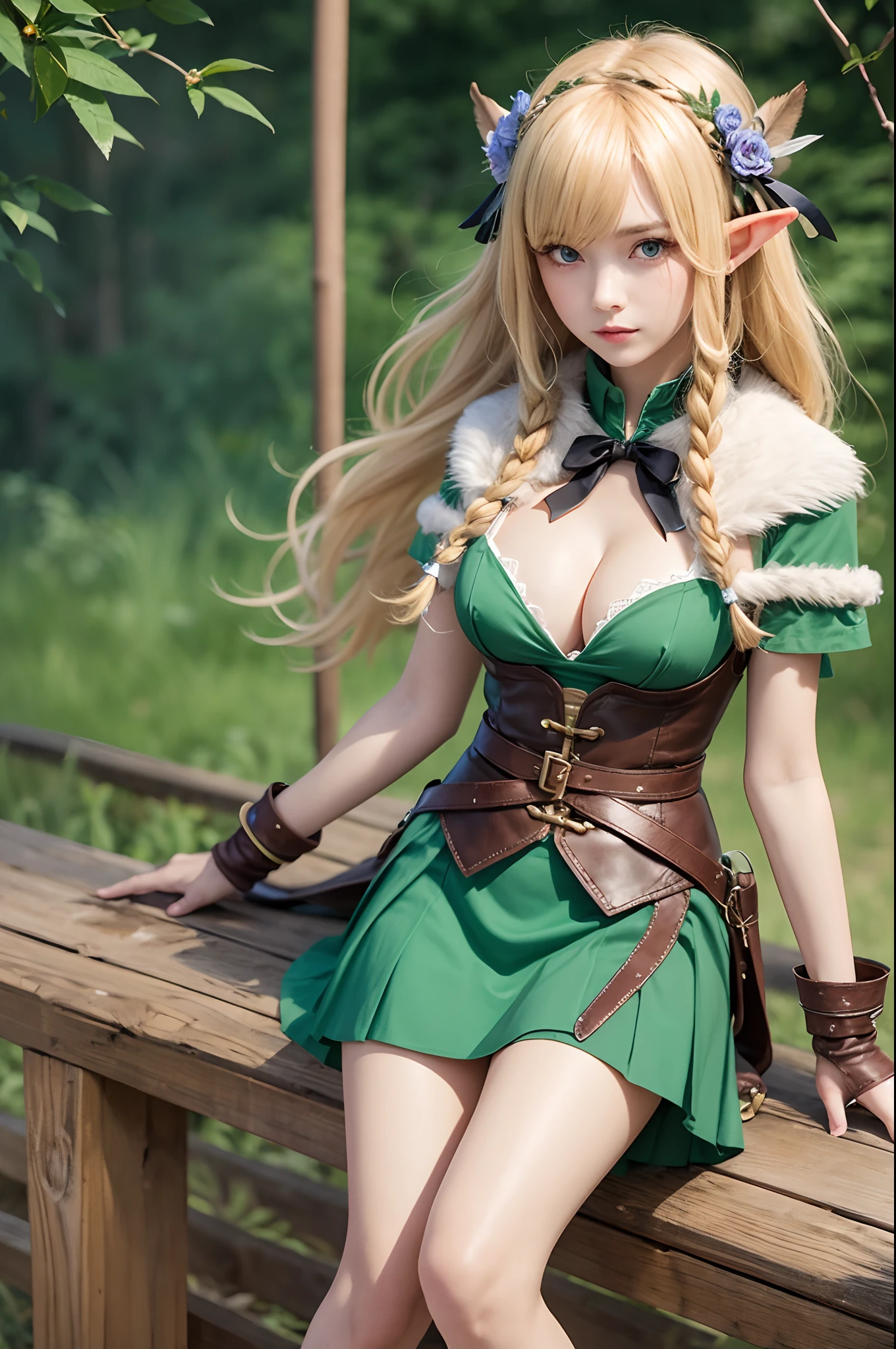 1girl in, elf, Blonde hair, Deep Blue Eyes, Long hair, Bangs cover the forehead, Braids, Soft and shiny hair, Green Ribbon, Floral hair ornament, Calmness, intelligence, kind, Gentle, obstinacy, prideful, Elven Costume, The costume is green and brown、It is made of animal fur and feathers, Clothing that is light and durable, Short sleeves, Short skirt, leather armor, cleavage, Leather shoes, the bow, forest, Middle Age, Fantasy,