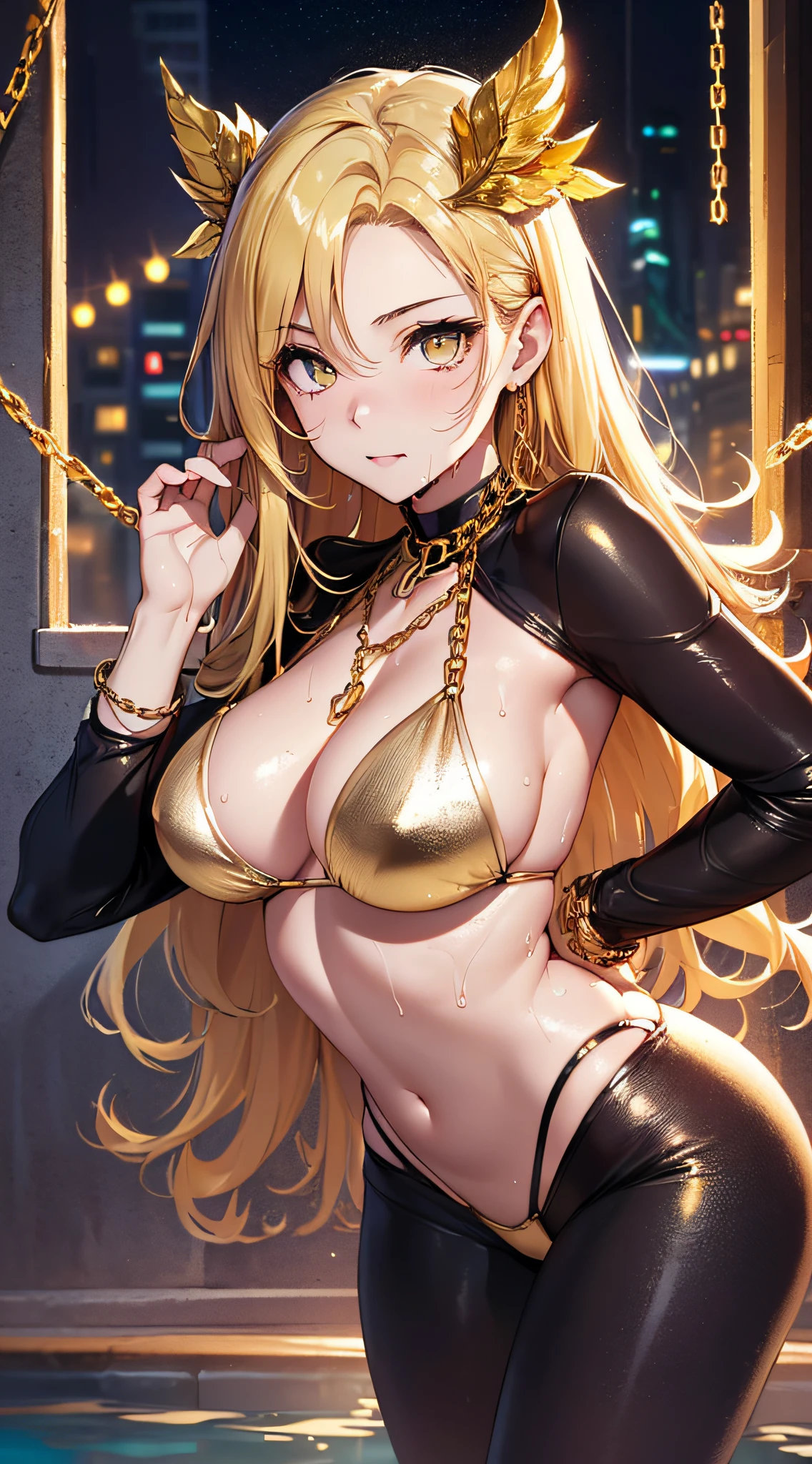 top-quality、Top image quality、masterpiece、girl with((20yr old、Best Bust、big bast、Bust 85,beautiful golden eyes、Breasts wide open,Blonde long hair、A slender、Large valleys、Gold Bikini Dresses、Shy face、the whole body is wet、wetting hair、lean against the wall、dye one's cheeks red、sexypose、Sex Symbols))hiquality、Beautiful Art、Background with((Night Pool、Parti、Golden Chain、Neon color lighting)))masutepiece、visualart、depth of fields、