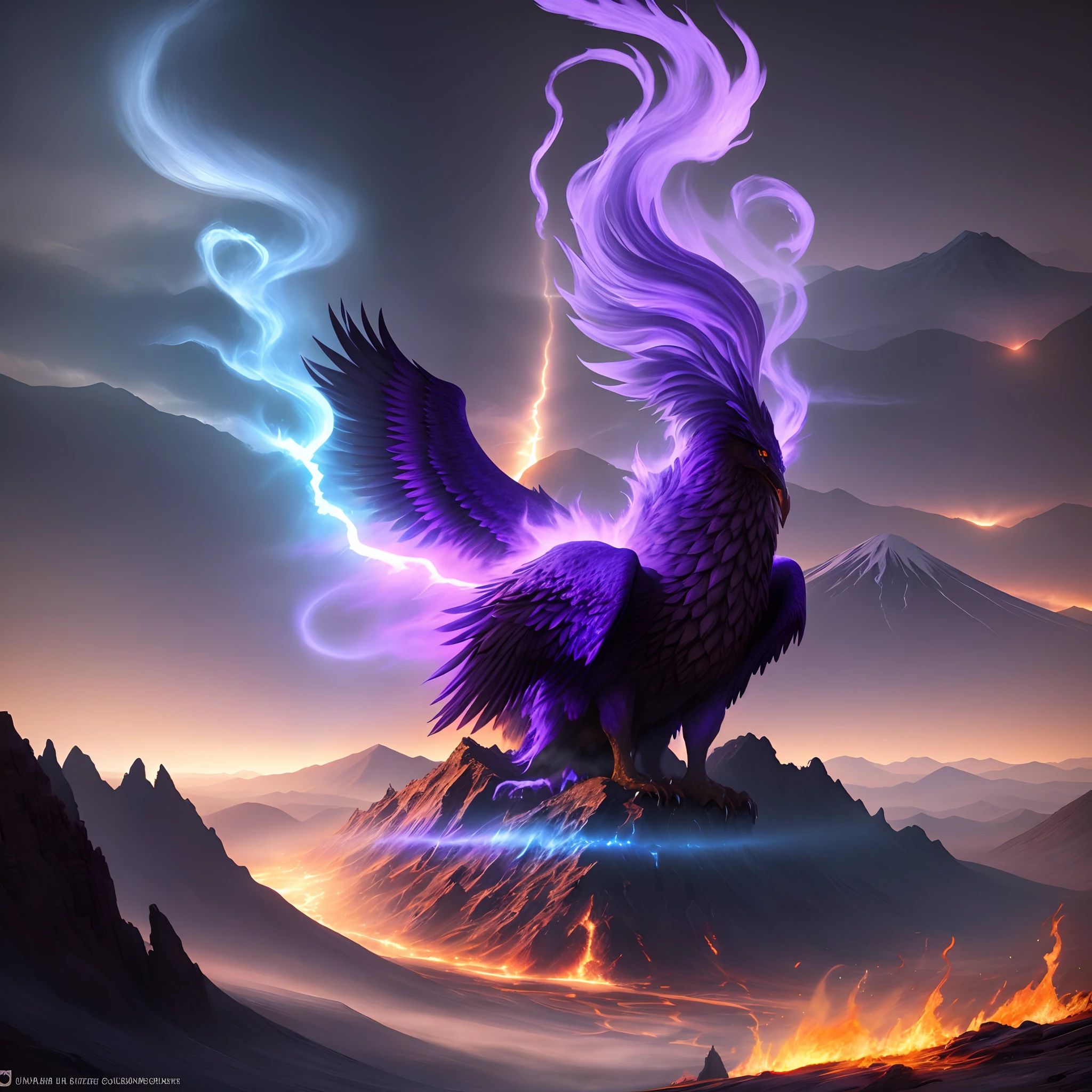 Doomsday landscape,a volcano erupts,Flame sputtering,blasts,molten lava,The phoenix emerged from the smoke,Liquid lava,Colorful phoenix,Paired with purple and blue, fantasy highly detailed, With gorgeous magic lightning rings, magia, beautiful detailed fantasy, hyper-high detail, , magic fantasy highly detailed, stuning fantasy 3 d render, Inspired by L. Highly detailed aesthetics, hyper-high detail