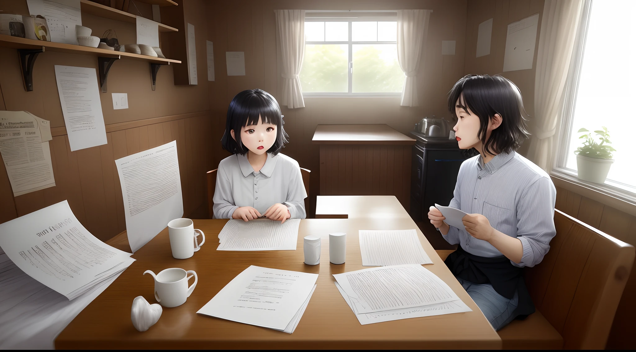 I'm struggling with my worries、The paper crumples、The room is scattered、House, clothes and restaurant in speech bubbles