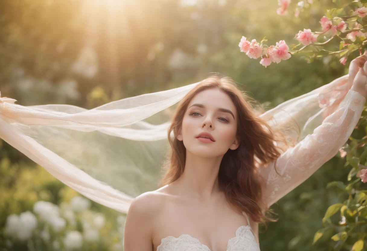 (best quality, 4k, 8k, high resolution, masterpiece: 1.2), ultra-detailed, realistic, HDR, UHD, full body girl in a garden, beautiful detailed eyes, beautiful detailed lips, extremely detailed eyes and face, long eyelashes, portrait, smooth legs shining in daylight arms and hands with smooth skin, high fashion, captivating pose, soft natural light, sunlit garden, summer afternoon, background full of flowers, vibrant colors, blurred background, mixed shadows, transparent fabric showing her naked body flowing in the wind, playful and carefree expression