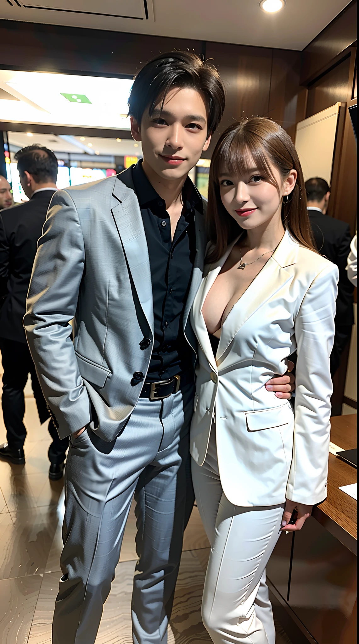 (8k, Best Quality, Masterpiece, Realistic, Photorealistic, Ultra Detailed:1.3), (1girl, pretty Japanese), (suit jacket, skinny pantsuit:1.3), Smile, (huge breasts, cleavage), (naked, topless:1.3), (crowd), bangs, navel, (narrow waist, full body, thin long legs, high heels:1.2), necklace, wristwatch, bag, fashion model posing,