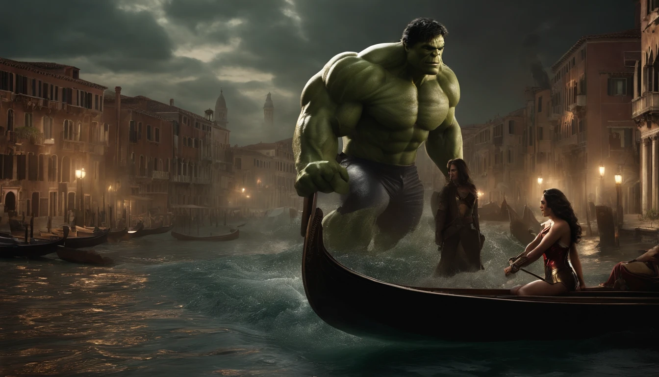Realistic, Personalidade: [Illustrate a photo of the Hulk and Wonder Woman about to board a gondola in Venice. The peaceful and serene atmosphere is destroyed when the water beneath them churns and foams. A huge mechanical sea serpent emerges from the water, piloted by a villain from another dimension. The scene should convey a sense of surprise and imminent danger.] Motor irreal, hiperreal --q 2 --v 5.2 --AR 16:9