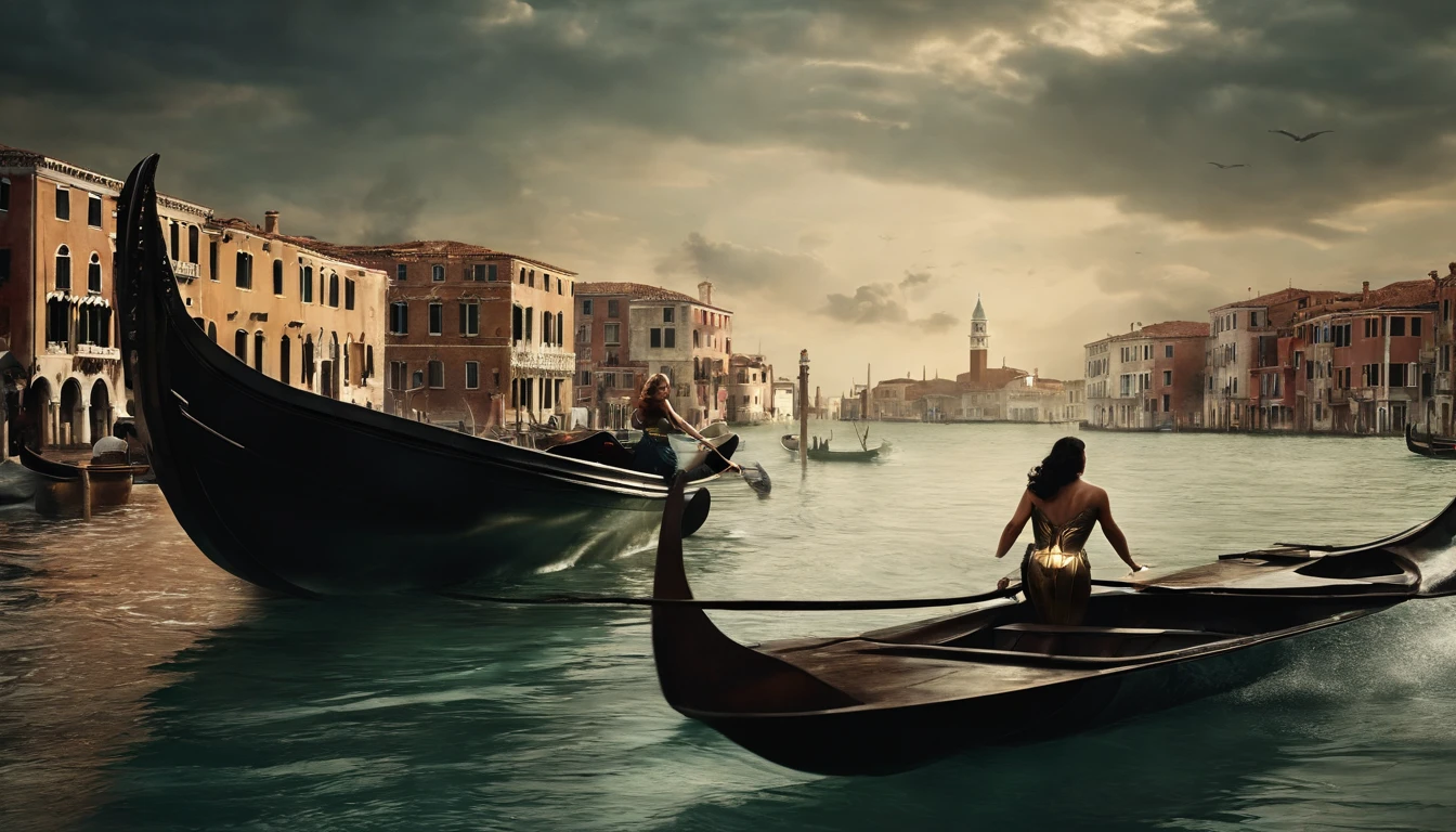 Realistic, Personalidade: [Illustrate a photo of the Hulk and Wonder Woman about to board a gondola in Venice. The peaceful and serene atmosphere is destroyed when the water beneath them churns and foams. A huge mechanical sea serpent emerges from the water, piloted by a villain from another dimension. The scene should convey a sense of surprise and imminent danger.] Motor irreal, hiperreal --q 2 --v 5.2 --AR 16:9