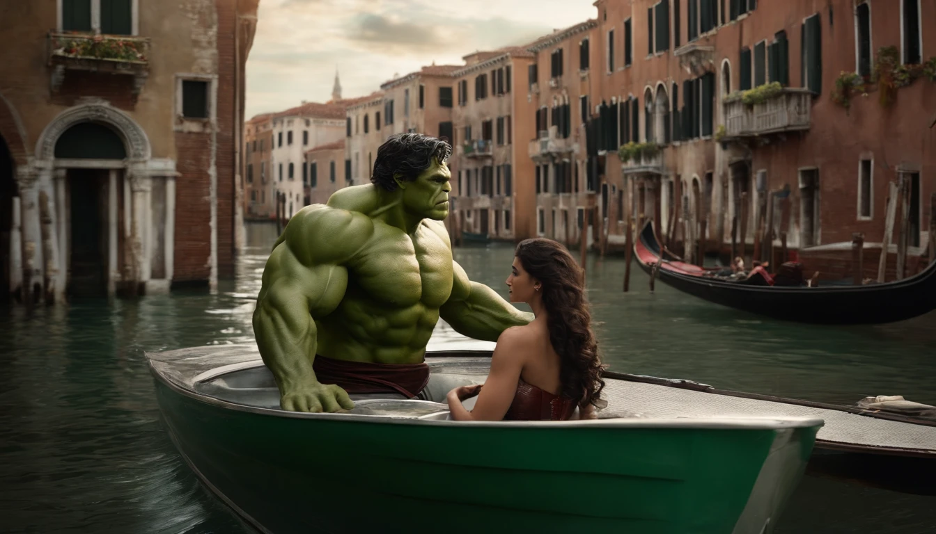Realistic, Personalidade: [Illustrate a photo of the Hulk and Wonder Woman about to board a gondola in Venice. The peaceful and serene atmosphere is destroyed when the water beneath them churns and foams. A huge mechanical sea serpent emerges from the water, piloted by a villain from another dimension. The scene should convey a sense of surprise and imminent danger.] Motor irreal, hiperreal --q 2 --v 5.2 --AR 16:9