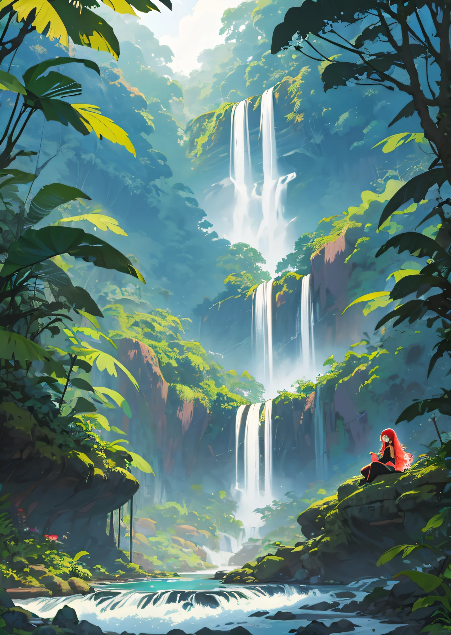 Illustration of waterfalls in the jungle colors and woman nativa