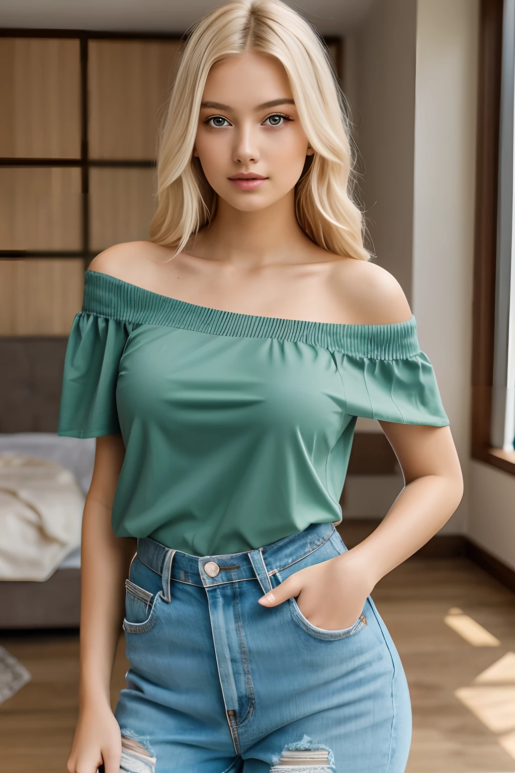 1girl in, 19, Solo, Long hair, Colossal tits, Looking at Viewer, blondehair, Bare shoulders, jewely, Full body, (Very detailed 8k wallpaper), Soft lighting, High quality, Film grain, Fujifilm XT3 sharp focus, F 5.6, high detailing, Sharp Focus,(Natural light), (gros-plan:1.2), (Seductive), off shoulder t-shirt, Realistic, A sexy
