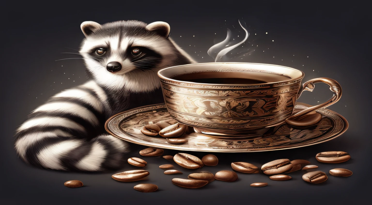 Painting of a raccoon sitting next to a cup of coffee, Coffee Art, Highly detailed illustration, Lindo arte digital detallado, Anthropomorphic raccoon, Adorable pintura digital, Pintura digital altamente detallada, hypperrealistic illustration, coffee mug, 3 0, Mapache, mapache extremadamente detallado, very detailed illustration, A cat drinking coffee, photorealistic illustration, coffee mug