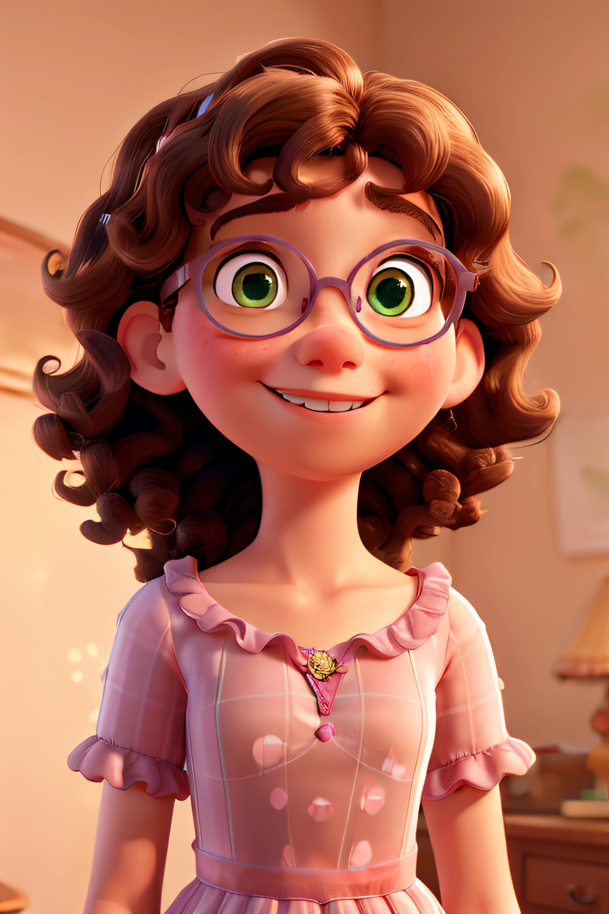 a 3d pixar disney style movie poster with the title "Agnes" with a young princess woman with curly brown hair and transparent glasses in a pink dress, at is side a curly blonde hair young men, with green eyes