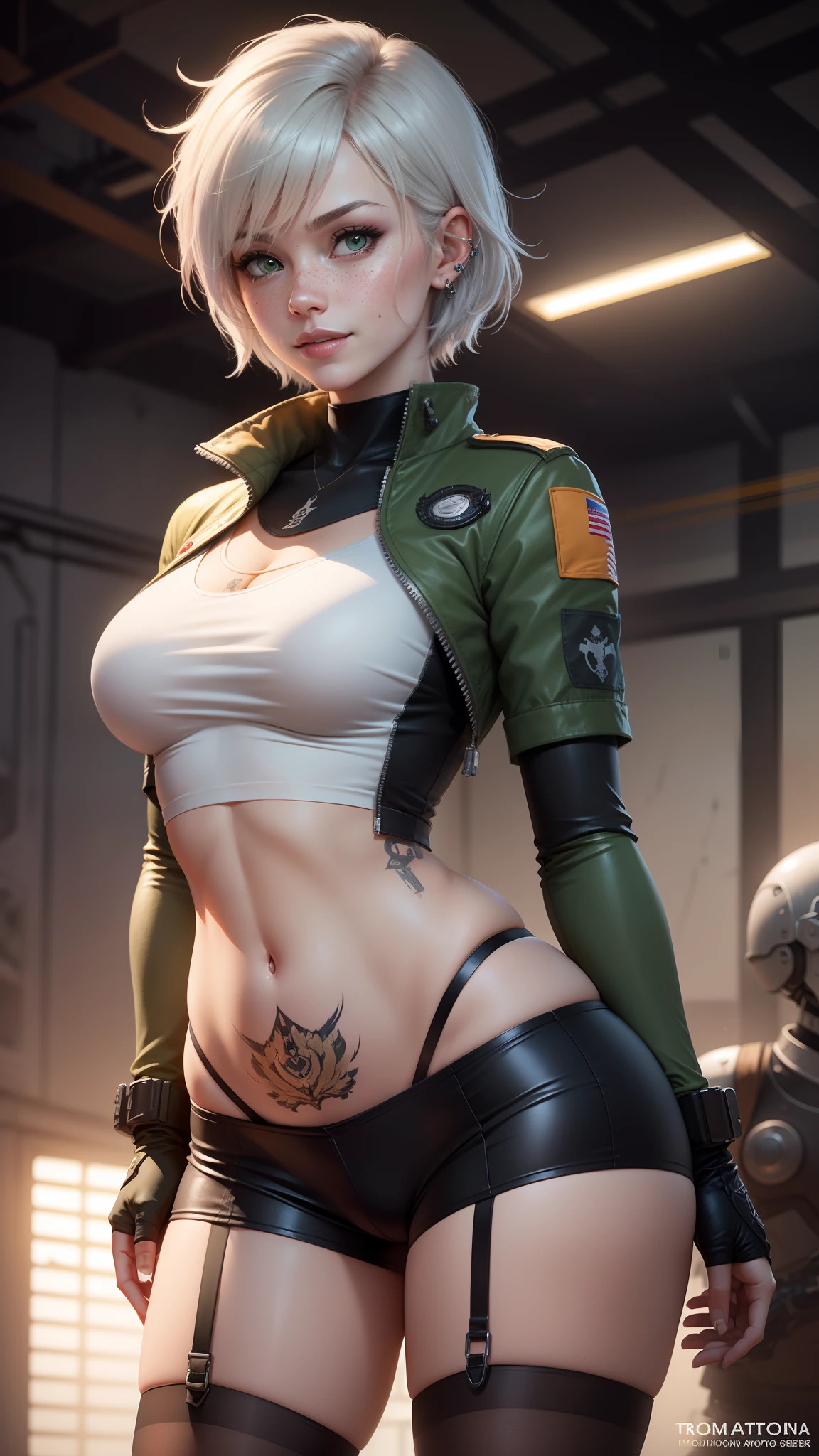 gwen tennyson,tracer,yorha 2b,y'shtola rhul,nobara kugisaki,overwatch,nier automata,mech pilot,aircraft hangar, tattoos,orange and silver plugsuit,white short sleeve pilot top,orange lycra micro shorts,garter belt,uncovered belly, short hair,cute makeup,green eyes,dimensional golden hair,shy smile,freckles,beautiful girl,large breasts,8k,ultra detailed,realistic,fantasy art,cyberpunk suit,pilot uniform,ear piercings,saiyan girl,saiyan female,white short sleeve mech jacket,wet shirt,pilot goggles,world war pilot,pilot scarf,