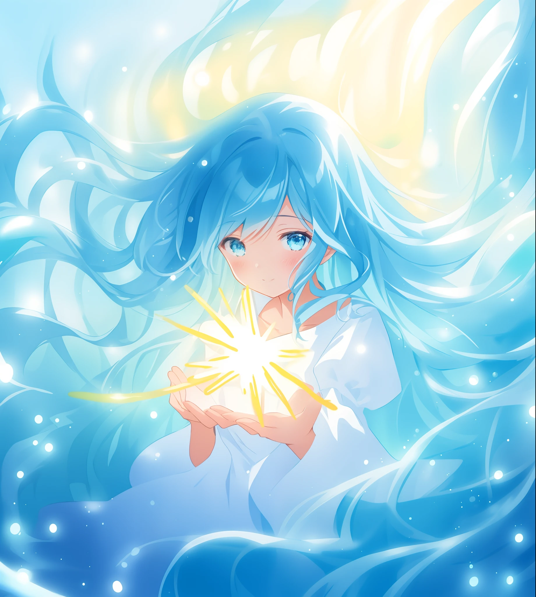 beautiful girl surrounded by liquid light, long wavy blue hair, blue watery liquid background, beautiful girl holding a glowing golden light, watercolor illustration, glowing aura around her, fantasia otherworldly, beautiful, masterpiece, best quality, anime disney style