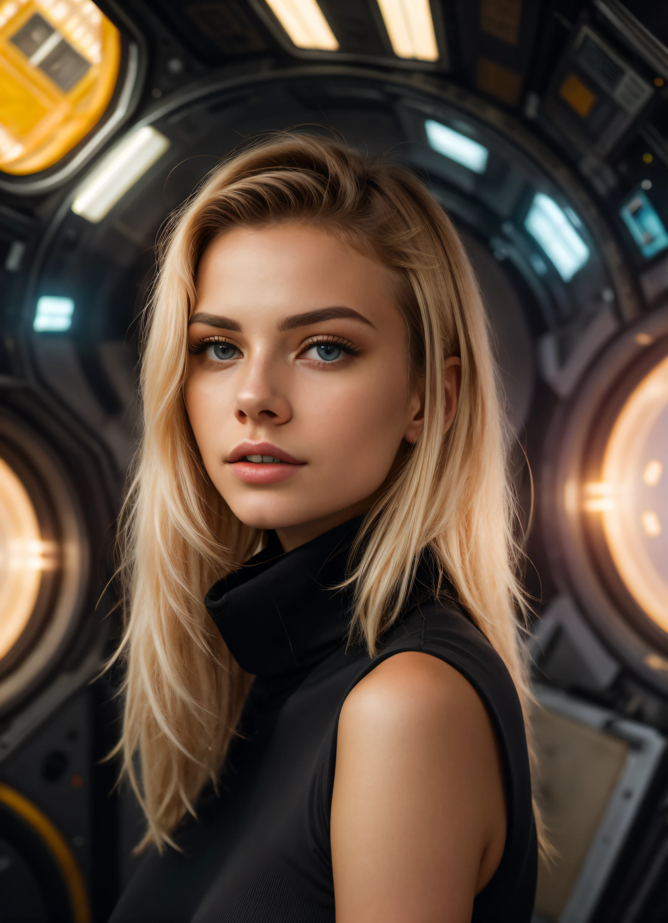 A stunning intricate full color portrait of (sks woman:1), wearing a black turtleneck, inside a futuristic spacesuit, in a space station, epic character composition, by ilya kuvshinov, alessio albi, nina masic, sharp focus, natural lighting, subsurface scattering, f2, 35mm, film grain,