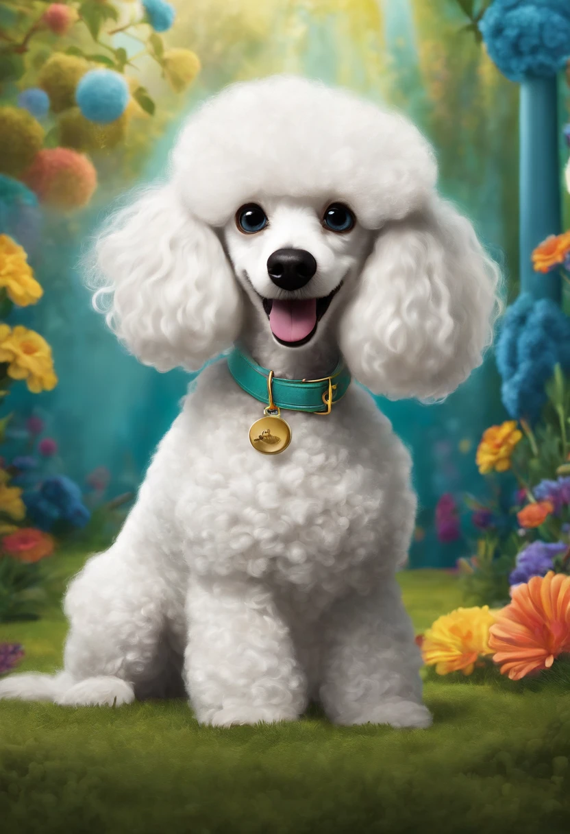 Create a poster inspired by Disney Pixar movies, apresentando uma cachorrinha poodle branca. The poster is titled 'Juju' Digital art should be in the style of Pixar, reminiscent of an animated feature.