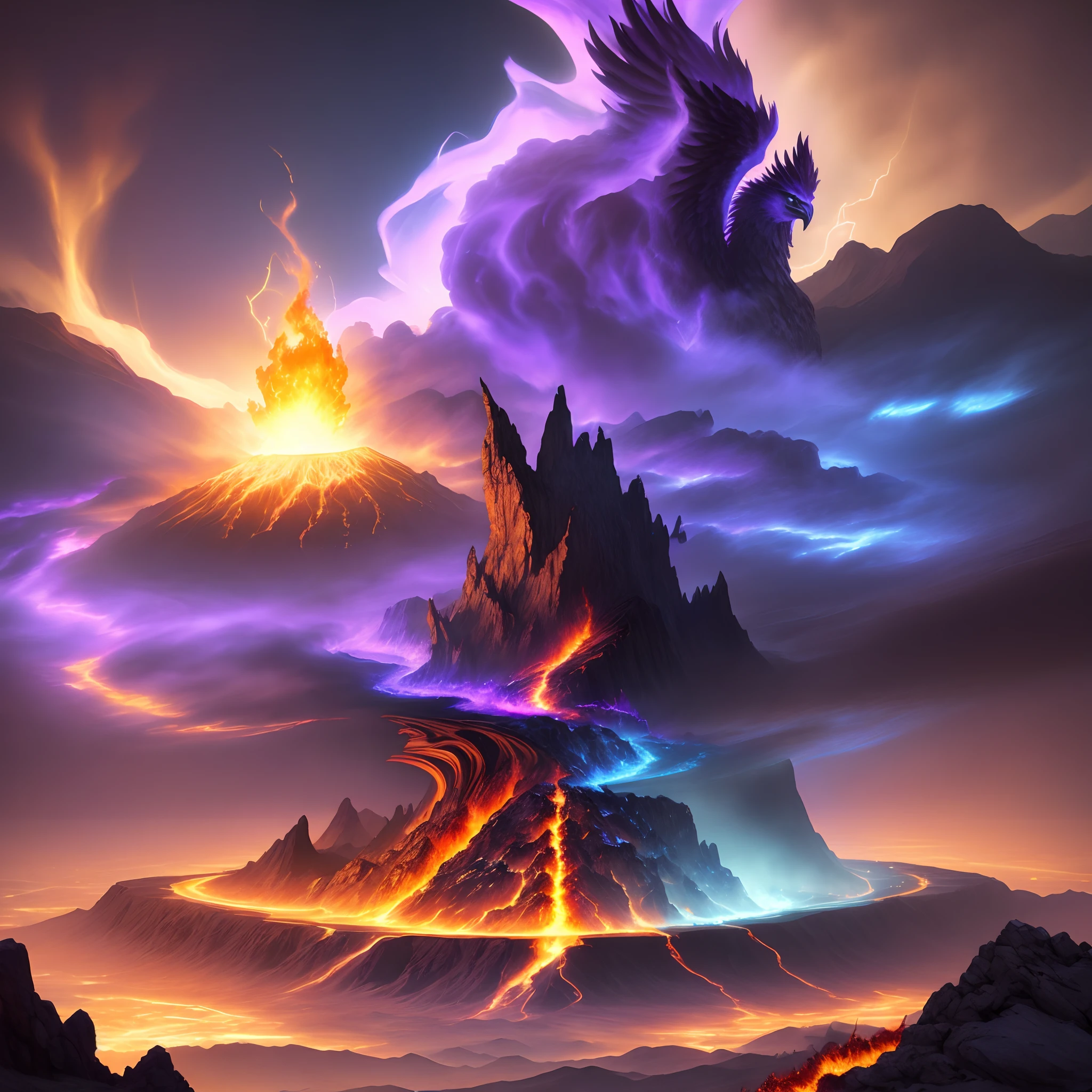 Doomsday landscape,a volcano erupts,Flame sputtering,blasts,molten lava,The phoenix emerged from the smoke,Liquid lava,Colorful phoenix,Paired with purple and blue, fantasy highly detailed, With gorgeous magic lightning rings, magia, beautiful detailed fantasy, hyper-high detail, , magic fantasy highly detailed, stuning fantasy 3 d render, Inspired by L. Highly detailed aesthetics, hyper-high detail