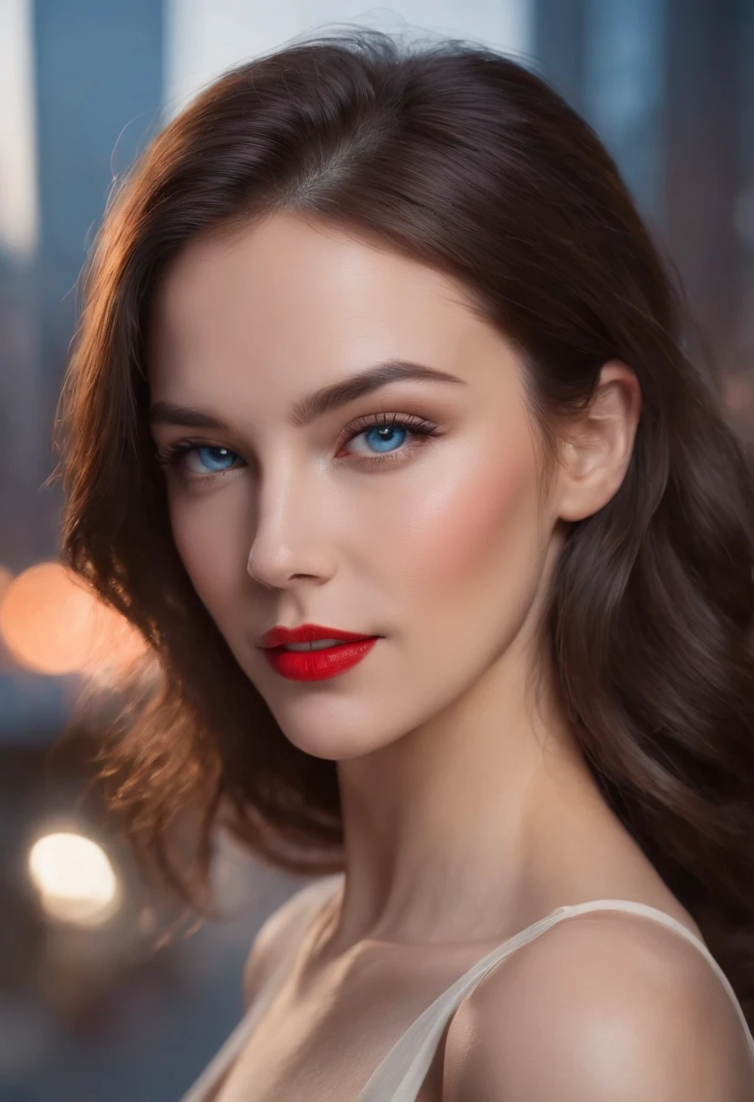 (a leader,powerful woman)(realistic,ultra-detailed) portrait of a beautiful woman (in her mid-thirties)(blue eyes)(dark hair) observing a big city from the top of a towering building. The woman stands tall with a confident posture, exuding authority and intelligence. She wears a stylish and sophisticated outfit that enhances her powerful presence. Around her, the cityscape features towering skyscrapers, bustling streets, and a vibrant urban environment that reflects the energy and dynamism of a thriving metropolis.
The woman's face is meticulously detailed, with (perfectly defined cheekbones) and (a strong jawline). Her eyes convey determination and wisdom, with (sparkling blue irises) that seem to penetrate the viewer's soul. Her lips, embellished with a touch of (subtle red lipstick), are poised in a subtle yet captivating smile.
The hyper realistic style of the artwork emphasizes the lifelike qualities of the woman's features, allowing every nuance and texture to be vividly captured. Every strand of hair is meticulously rendered, showcasing the glossy and voluminous nature of her dark locks, while the soft lighting brings out the depth and dimension of her facial features.
The color palette of the artwork exudes a contemporary and sophisticated vibe. Rich tones of (deep blues) dominate the cityscape, accentuating the urban environment and creating a sense of depth. Shadows cast by the skyscrapers create a dramatic contrast, adding to the overall allure of the scene.
The lighting in the artwork is carefully applied to enhance the realism and drama. Soft, diffused light illuminates the woman's face, casting gentle highlights on her skin and accentuating her expressive eyes. The cityscape below is bathed in the warm glow of streetlights and neon signs, creating a captivating juxtaposition between the powerful woman and the vibrant city she overlooks.
This masterpiece of a portrait captures the essence of a powerful woman, a leader who commands attention and ins