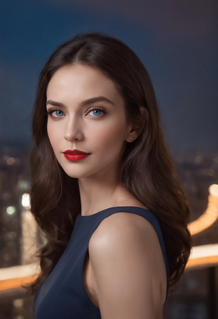 (a leader,powerful woman)(realistic,ultra-detailed) portrait of a beautiful woman (in her mid-thirties)(blue eyes)(dark hair) observing a big city from the top of a towering building. The woman stands tall with a confident posture, exuding authority and intelligence. She wears a stylish and sophisticated outfit that enhances her powerful presence. Around her, the cityscape features towering skyscrapers, bustling streets, and a vibrant urban environment that reflects the energy and dynamism of a thriving metropolis.

The woman's face is meticulously detailed, with (perfectly defined cheekbones) and (a strong jawline). Her eyes convey determination and wisdom, with (sparkling blue irises) that seem to penetrate the viewer's soul. Her lips, embellished with a touch of (subtle red lipstick), are poised in a subtle yet captivating smile.

The hyper realistic style of the artwork emphasizes the lifelike qualities of the woman's features, allowing every nuance and texture to be vividly captured. Every strand of hair is meticulously rendered, showcasing the glossy and voluminous nature of her dark locks, while the soft lighting brings out the depth and dimension of her facial features.

The color palette of the artwork exudes a contemporary and sophisticated vibe. Rich tones of (deep blues) dominate the cityscape, accentuating the urban environment and creating a sense of depth. Shadows cast by the skyscrapers create a dramatic contrast, adding to the overall allure of the scene.

The lighting in the artwork is carefully applied to enhance the realism and drama. Soft, diffused light illuminates the woman's face, casting gentle highlights on her skin and accentuating her expressive eyes. The cityscape below is bathed in the warm glow of streetlights and neon signs, creating a captivating juxtaposition between the powerful woman and the vibrant city she overlooks.

This masterpiece of a portrait captures the essence of a powerful woman, a leader who commands attention and ins