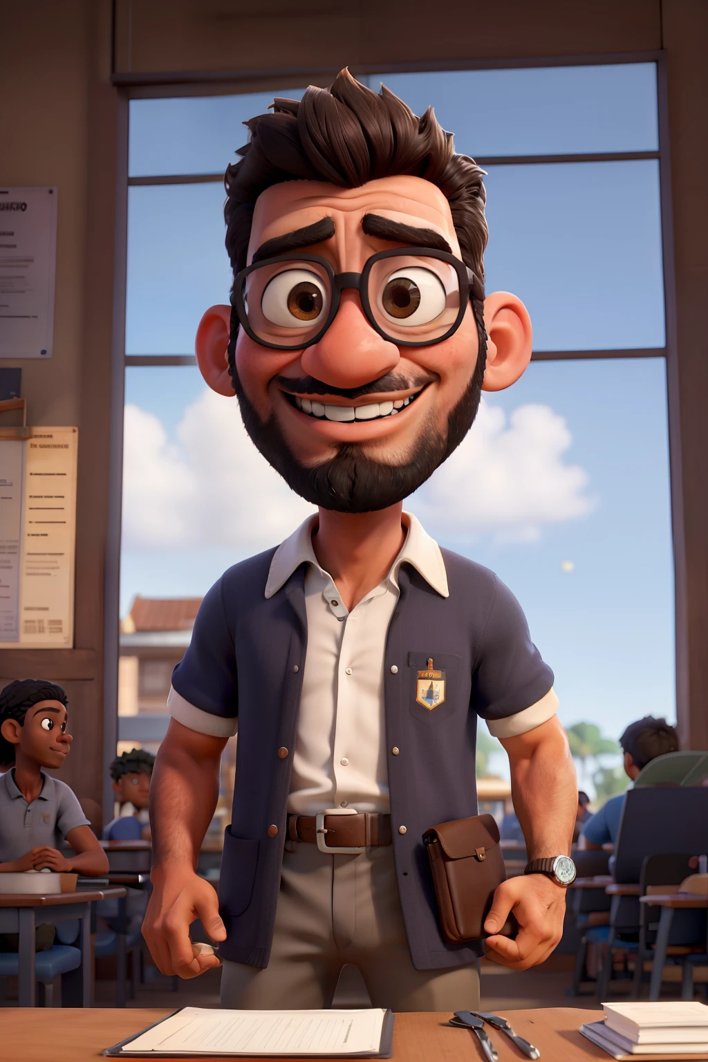 imagem de professor negro, alto bonito com barba ensinando geografia com a camisa do clube do remo , sobranselha grossa e olhos castanhos e grandes, cabelo curto e preto, teaching with students in the background in the State of Pará with Disney and Pixar characteristics with The name written in the background Professor Ribamar Braun
