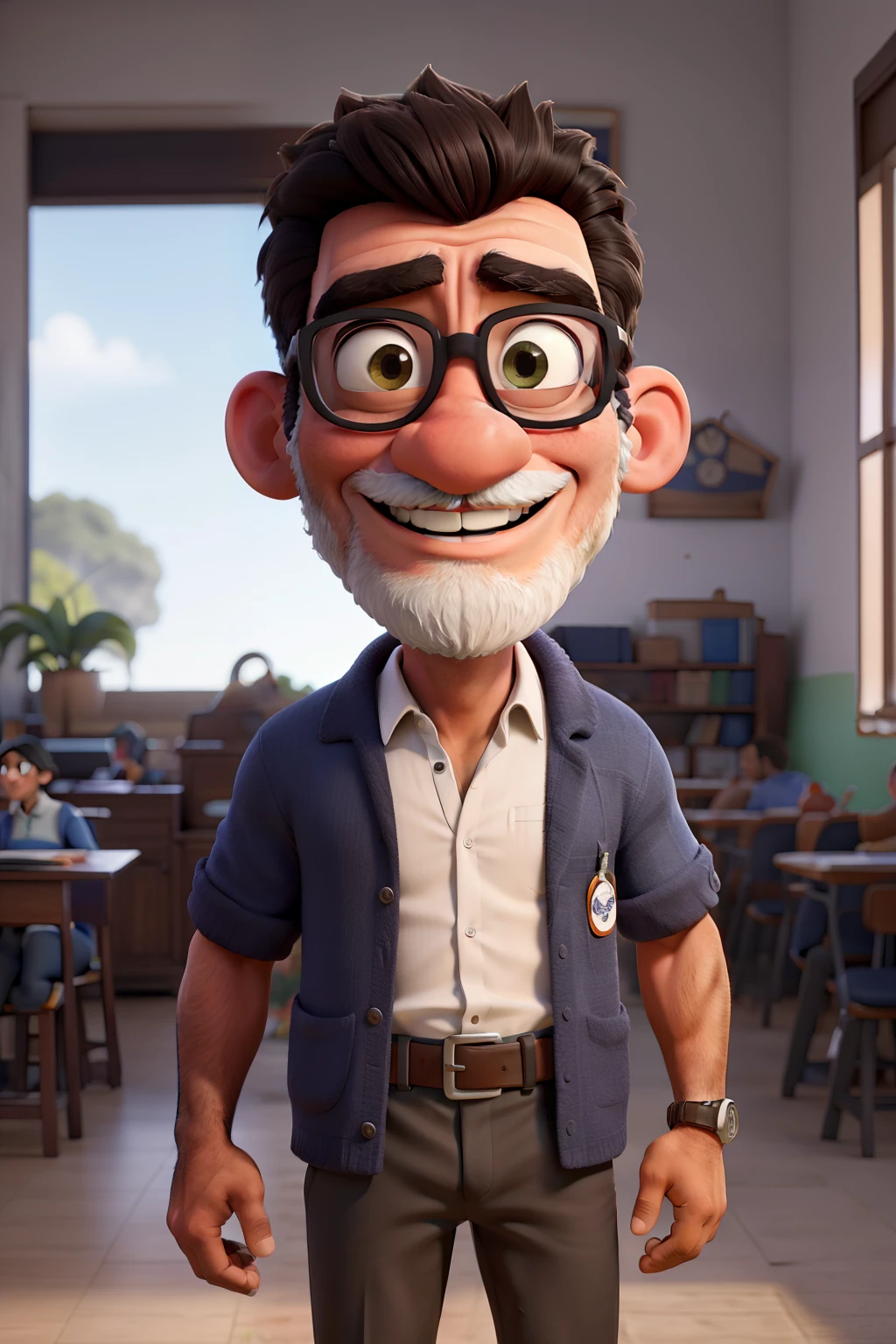 imagem de professor negro, alto bonito com barba ensinando geografia com a camisa do clube do remo , sobranselha grossa e olhos castanhos e grandes, cabelo curto e preto, teaching with students in the background in the State of Pará with Disney and Pixar characteristics with The name written in the background Professor Ribamar Braun