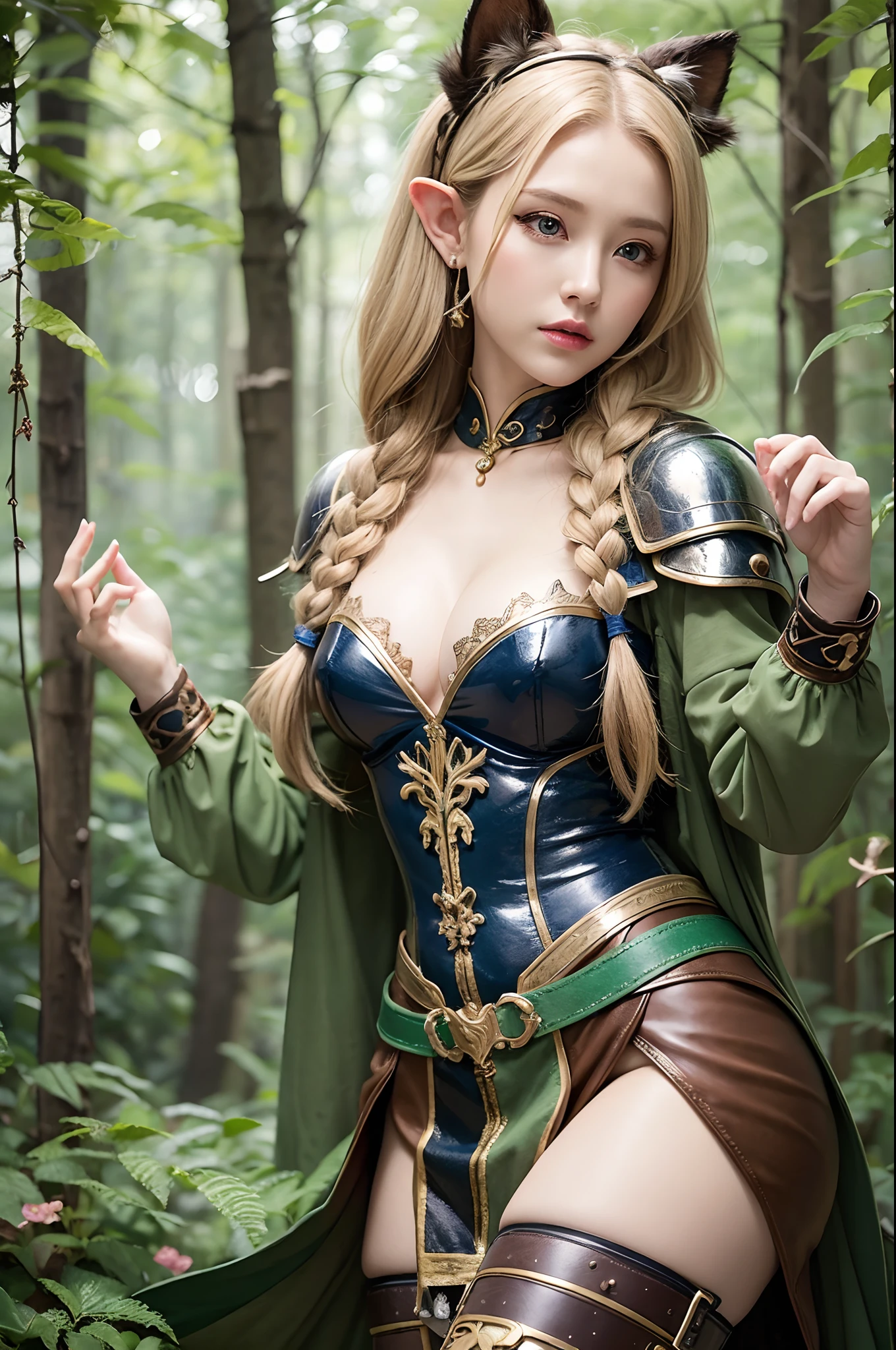 1girl in, elf, Blonde hair, Deep Blue Eyes, Long hair, Bangs cover the forehead, Braids, Soft and shiny hair, Green Ribbon, Floral hair ornament, Calmness, intelligence, kind, Gentle, obstinacy, prideful, Elven Costume, The costume is green and brown、It is made of animal fur and feathers, Light and durable clothing, Short sleeves, Short skirt, leather armor, cleavage, Leather shoes, the bow, forest, Middle Age, Fantasy,