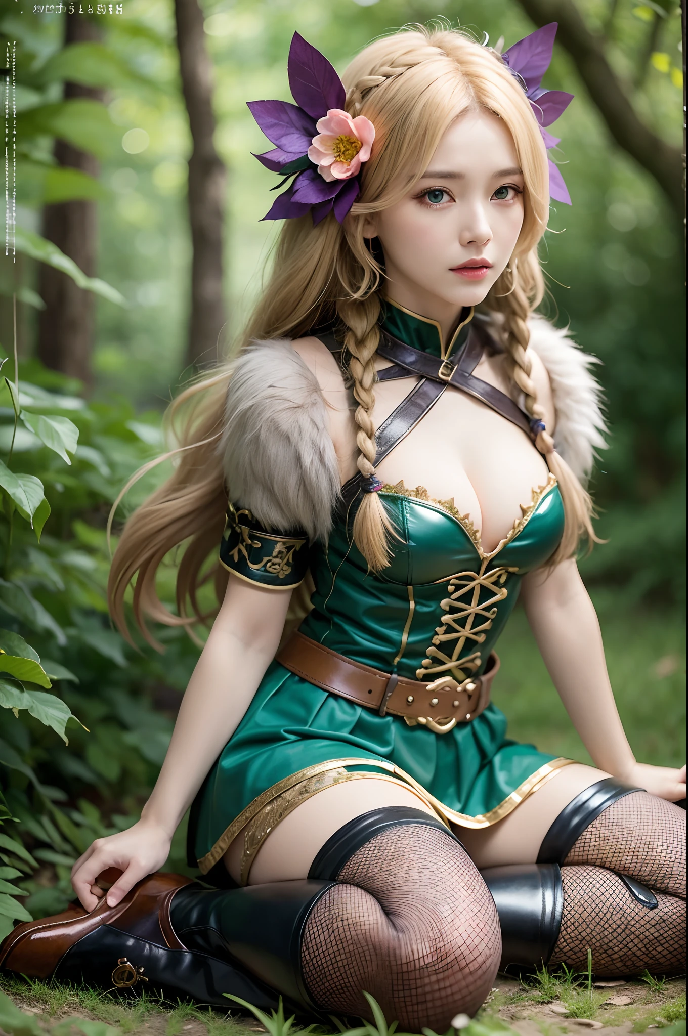 1girl in, elf, Blonde hair, Deep Blue Eyes, Long hair, Bangs cover the forehead, Braids, Soft and shiny hair, Green Ribbon, Floral hair ornament, Calmness, intelligence, kind, Gentle, obstinacy, prideful, Elven Costume, The costume is green and brown、It is made of animal fur and feathers, Light and durable clothing, Short sleeves, Short skirt, leather armor, cleavage, Leather shoes, the bow, forest, Middle Age, Fantasy,