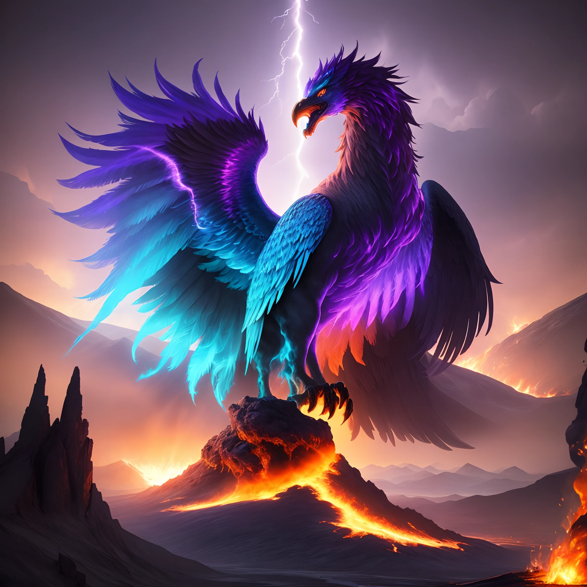 Doomsday landscape,a volcano erupts,Flame sputtering,blasts,molten lava,The phoenix emerged from the smoke,Liquid lava,Colorful phoenix,Paired with purple and blue, fantasy highly detailed, With gorgeous magic lightning rings, magia, beautiful detailed fantasy, hyper-high detail, , magic fantasy highly detailed, stuning fantasy 3 d render, Inspired by L. Highly detailed aesthetics, hyper-high detail