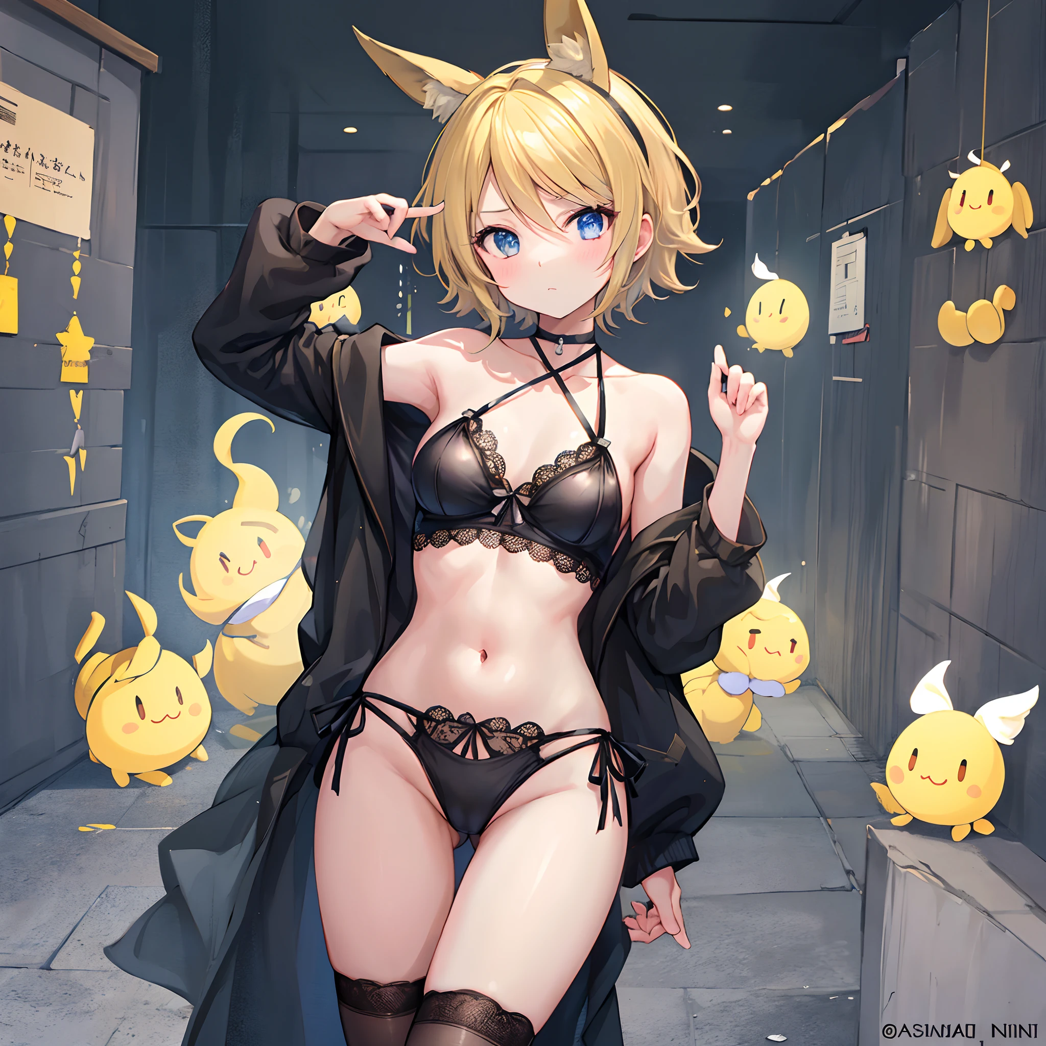 1 chica, kagamine rin (pelvis curtain: 1.3) Black Sheer Erotic Lingerie, obra maestra, arte oficial, hiperenfoque, sakimi zen (mejor calidad: 1), (obra maestra: 1), (Super detail: 1), (medias: 1.2), 1 chica, regordeta, avergonzada de mirar a la audiencia, Swelling, small breasts, small breasts, areola grande, tiro de mezclilla, solo, fondo simple