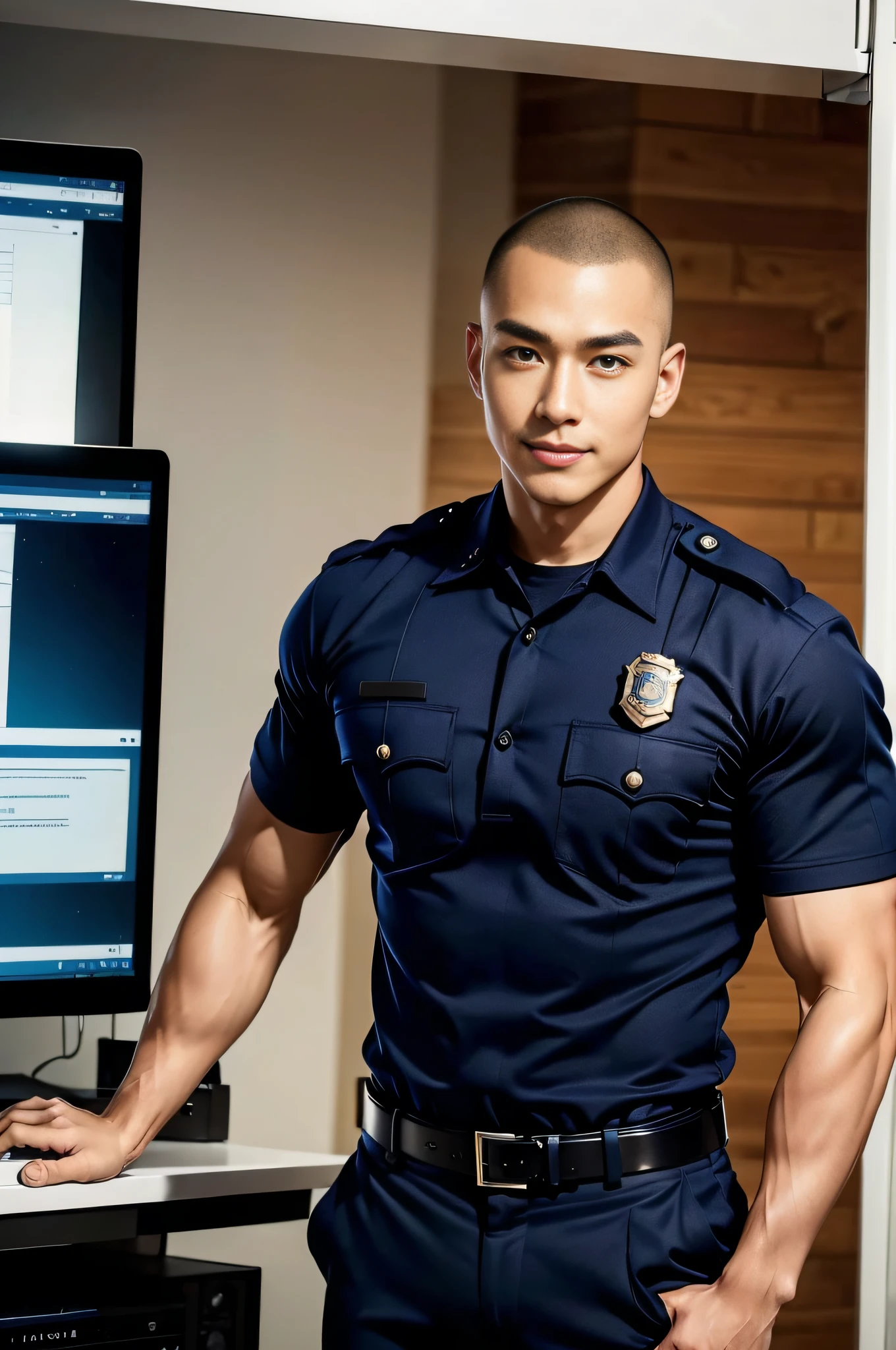 (masterpiece: 1.2),(CGI Art:1.3),(Realistic:1.5),(Post Processing:1.3),(crisp focus:1.3),10,1 man ,Full body, smile, ,((Police wearing navy uniforms.)), (Skinhead Hairline Crew Cut), Skinheads have haircuts., Black hair cone, Young Korean , Korean Men, (High shadow detail), Pectoral muscles, Big arm muscles, blood vessel, Big muscles, Wide shoulders , computer, work, ((Large computer room))