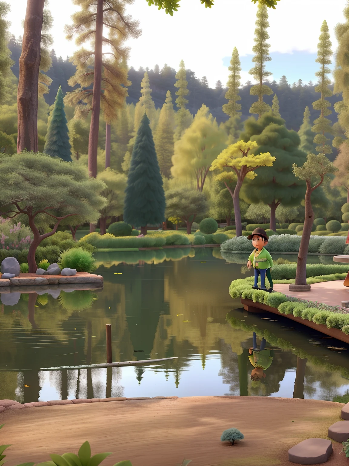 Um jardim estilo Disney pixar, with lake reflecting a green pine tree and yellowish poplars in the background