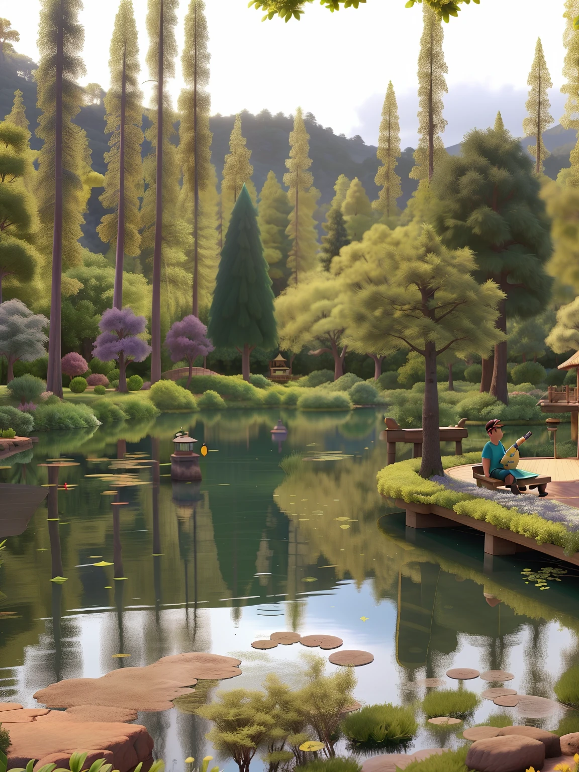 Um jardim estilo Disney pixar, with lake reflecting a green pine tree and yellowish poplars in the background