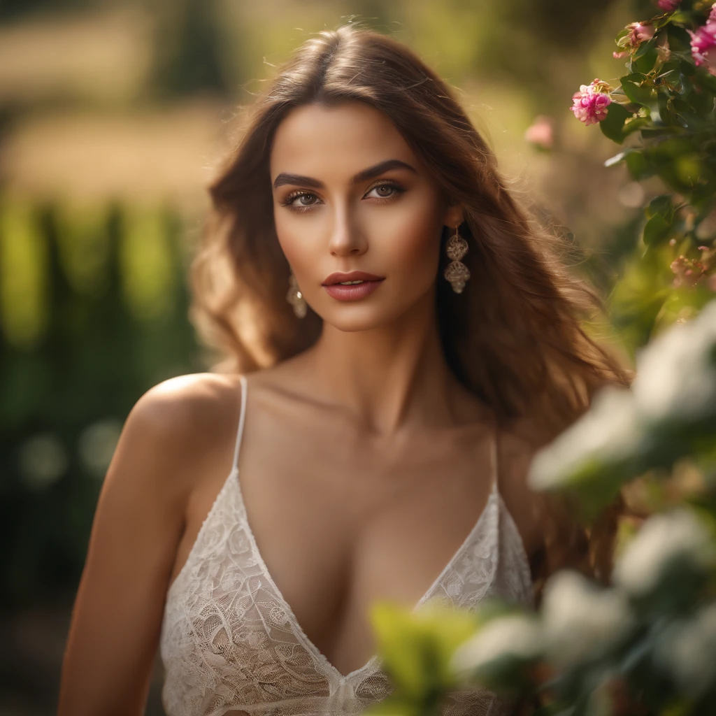 (best quality, 4k, 8k, high resolution, masterpiece: 1.2), ultra-detailed, realistic, HDR, UHD, full body girl in a garden, beautiful detailed eyes, beautiful detailed lips, extremely detailed eyes and face, long eyelashes, portrait, smooth legs shining in daylight arms and hands with smooth skin, high fashion, captivating pose, soft natural light, sunlit garden, summer afternoon, background full of flowers, vibrant colors, blurred background, mixed shadows, transparent fabric showing her naked body flowing in the wind, playful and carefree expression