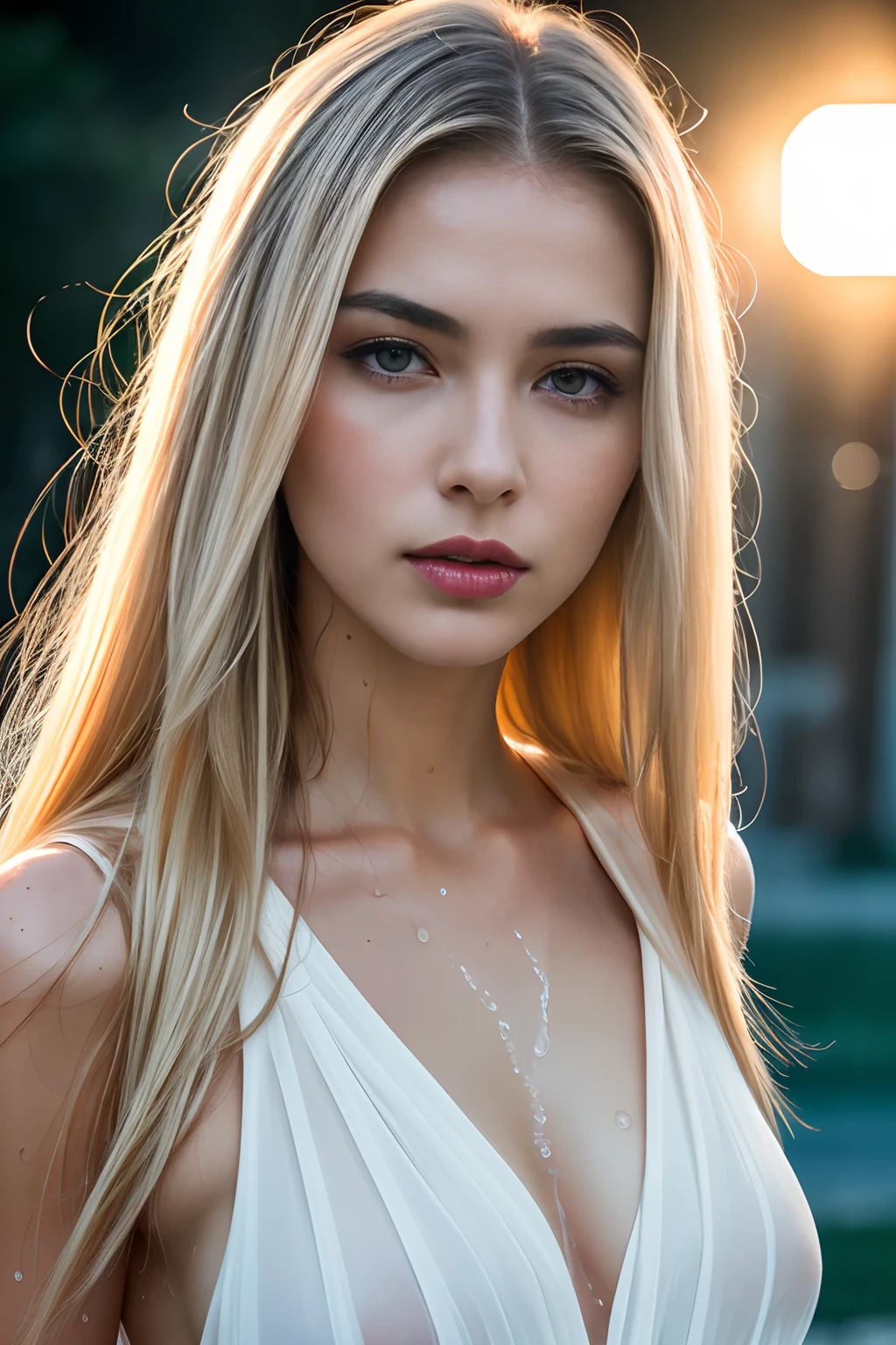 (very intricate:1.3), (Photorealistic:1.4), Ukrainian supermodel, Ultra Detailed Wet Sheer Dress, (Sensual Pose), (Lewd face), Sexy lips, waifu, oppai, Beautiful, Cute, Pretty, Perfectly proportioned body, Perfect framing, Sharp gray eyes, Supermodel face, Detailed face, pale white skin, [[Freckle skin]], (((Blonde straight hair))), Cover art, Moody,  zoomout, depth of fields, Art Station, (luminism), (((Cinematic lighting))), Orange and teal, Soft light, [Summer weather: Sunset Weather:2.5] 4K resolution, Octane Render