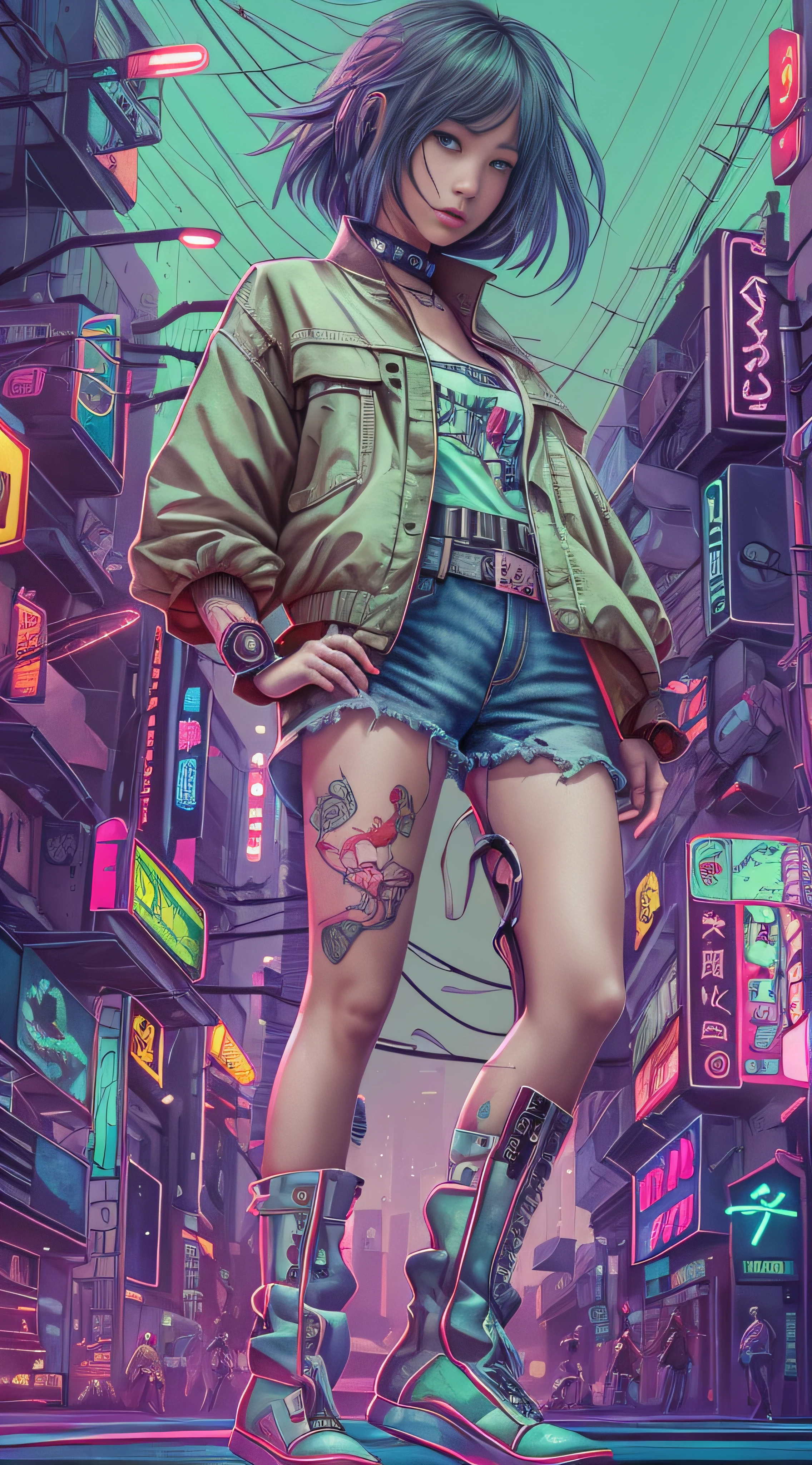 "Artistic Image, The center of this scene is full body portrait a young very beautiful Japanese girl 19 years old is a hacker full length . With a short haircut. Cyber-implants on the face and hands. Cyberpunk tattoos on the neck and arms. In denim shorts. Short boots. Fishnet stockings. In a colorful top with the emblem of a rock band. In a loose light green jacket. Stands full length in the middle of a dirty shirt in a cyberpank city street. Drawing inspiration from Masamune Shirow, the illustration features sharp focus, smooth transitions, and an underlying watercolor aesthetic. The environment is filled with digital screens and neon lights, adding to the cyberpunk atmosphere.", 35mm, Medium Shot, Studio Lighting, Highly Detailed, Octane Render, ultra hd, realistic, vivid colors, highly detailed, UHD drawing, pen and ink, perfect composition, beautiful detailed intricate insanely detailed octane render trending on artstation, 8k artistic photography, photorealistic concept art, soft natural volumetric cinematic perfect light