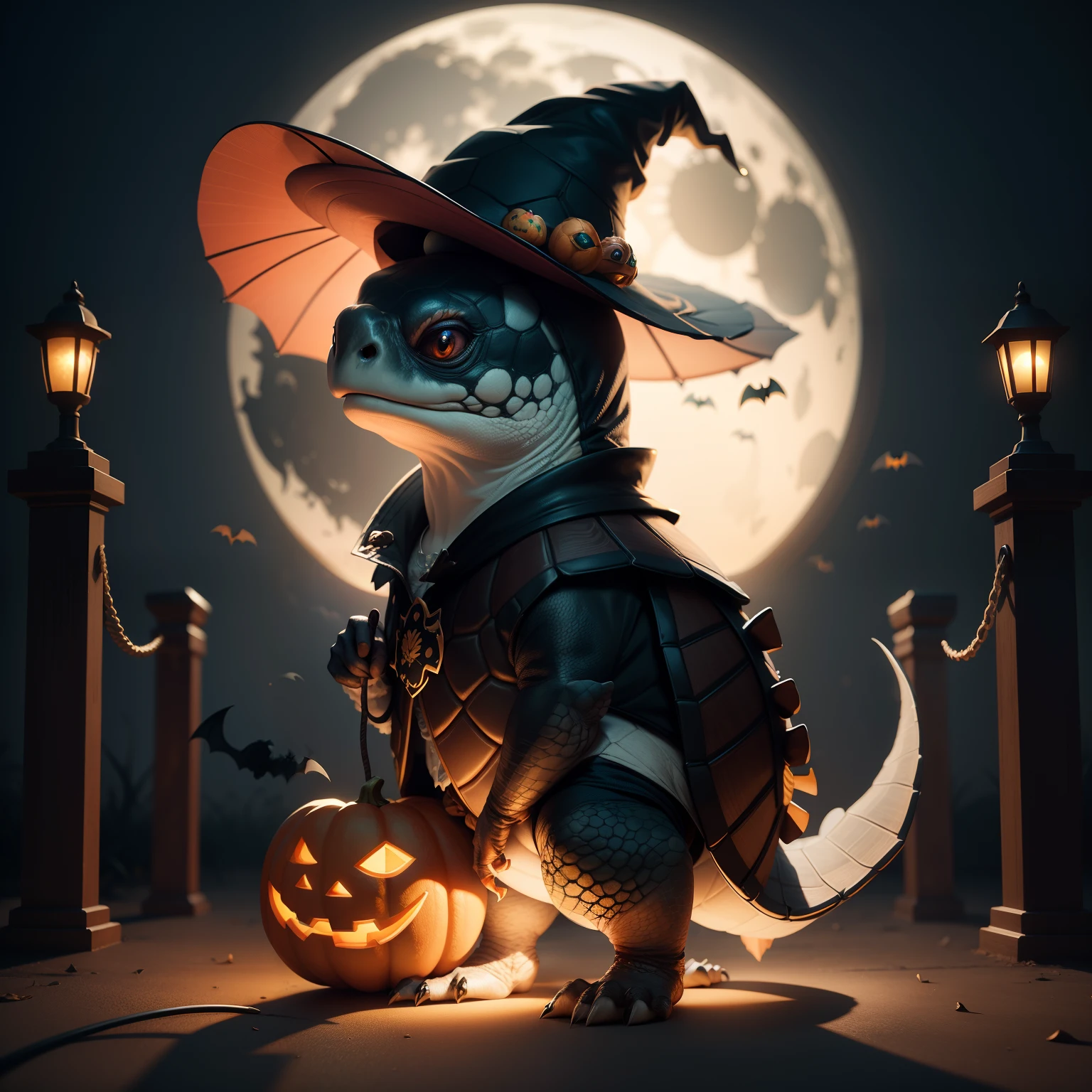 Turtle wearing cute Halloween hat，Middle element，（master-piece，bestquality：1.2），Best Lights，best shadows，Show background,  .bat,full big moon, stylized 3d render