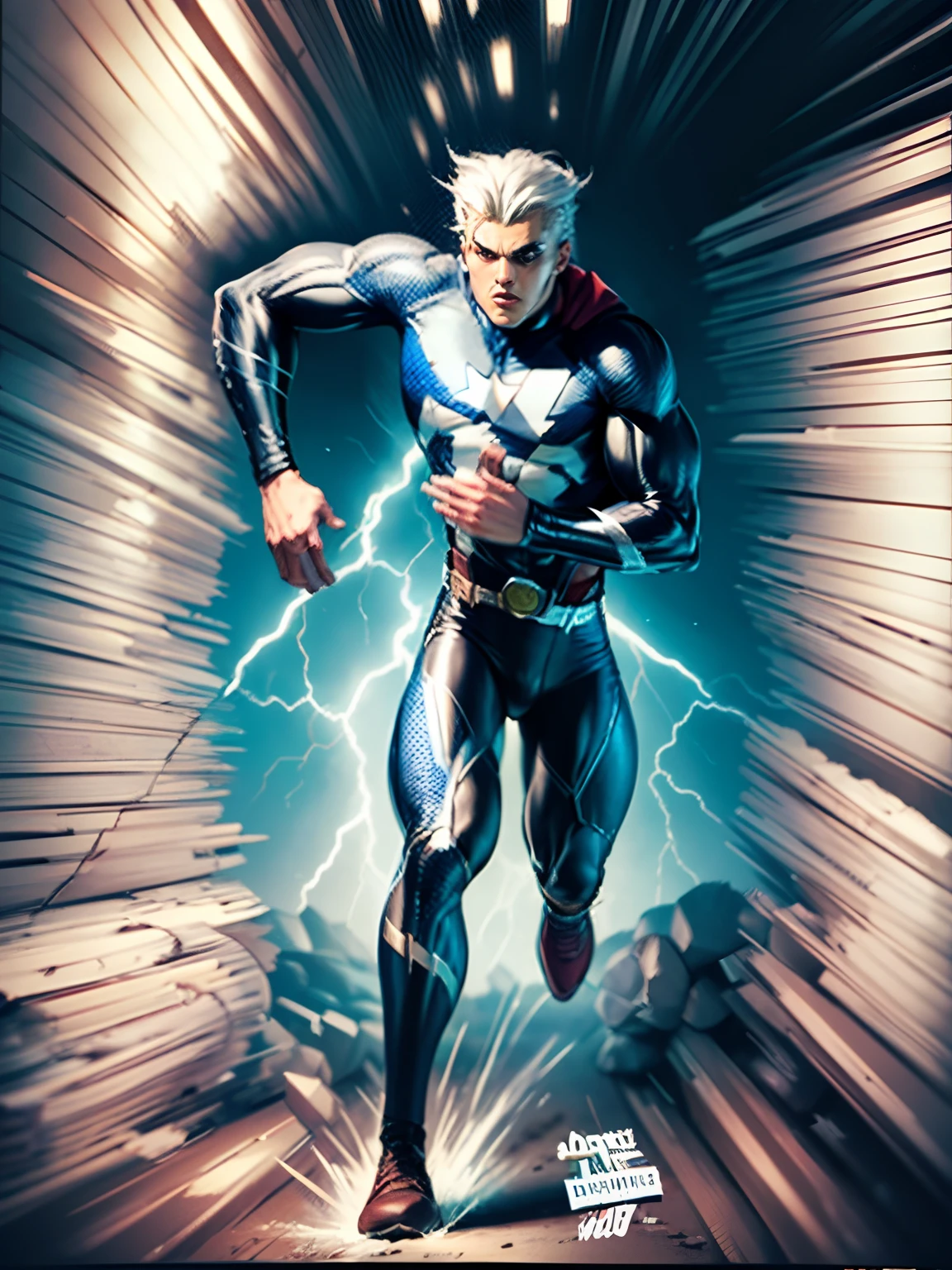 masterpiece, highly detailed images, perfect images, highly detailed faces, perfect faces, um desenho realista de um homem jovem, with white hair in superhero uniform, QUICKSILVER!! quicksilver!!, With lightning it's running too fast, with speed distortion effects around it, desenho realista de quadrinhos, inspirado por Gary frank, inspirado em John Romita Jr, inspirado em Wally Wood, comic shading, comic drawing, personagem de quadrinhos, Desenho de quadrinhos da Marvel, inspirado em Jim Lee, inspirado em Neal Adams, bola lineart, tinta extremamente fina lineart, Fantastic Art, 8k