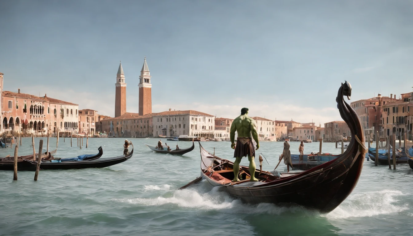 Realistic, Personalidade: [Illustrate a photo of the Hulk and Wonder Woman about to board a gondola in Venice. The peaceful and serene atmosphere is destroyed when the water beneath them churns and foams. A huge mechanical sea serpent emerges from the water, piloted by a villain from another dimension. The scene should convey a sense of surprise and imminent danger.] Motor irreal, hiperreal --q 2 --v 5.2 --AR 16:9