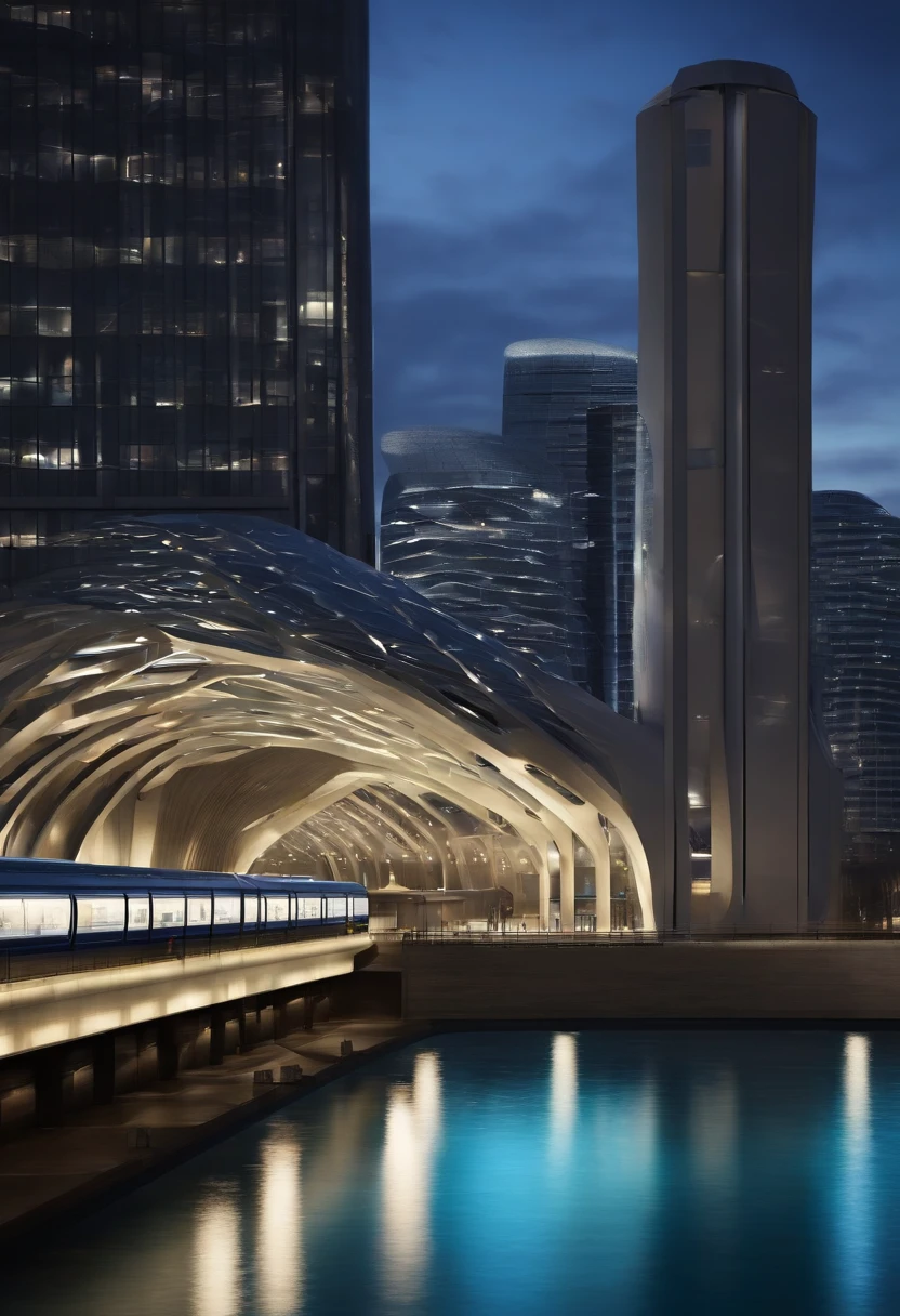 Create an image of a modern train station with futuristic architectural features, set against the backdrop of shimmering water. The train station should have a cutting-edge design that makes it stand out, and the water should reflect city lights at night, creating a mesmerizing atmosphere