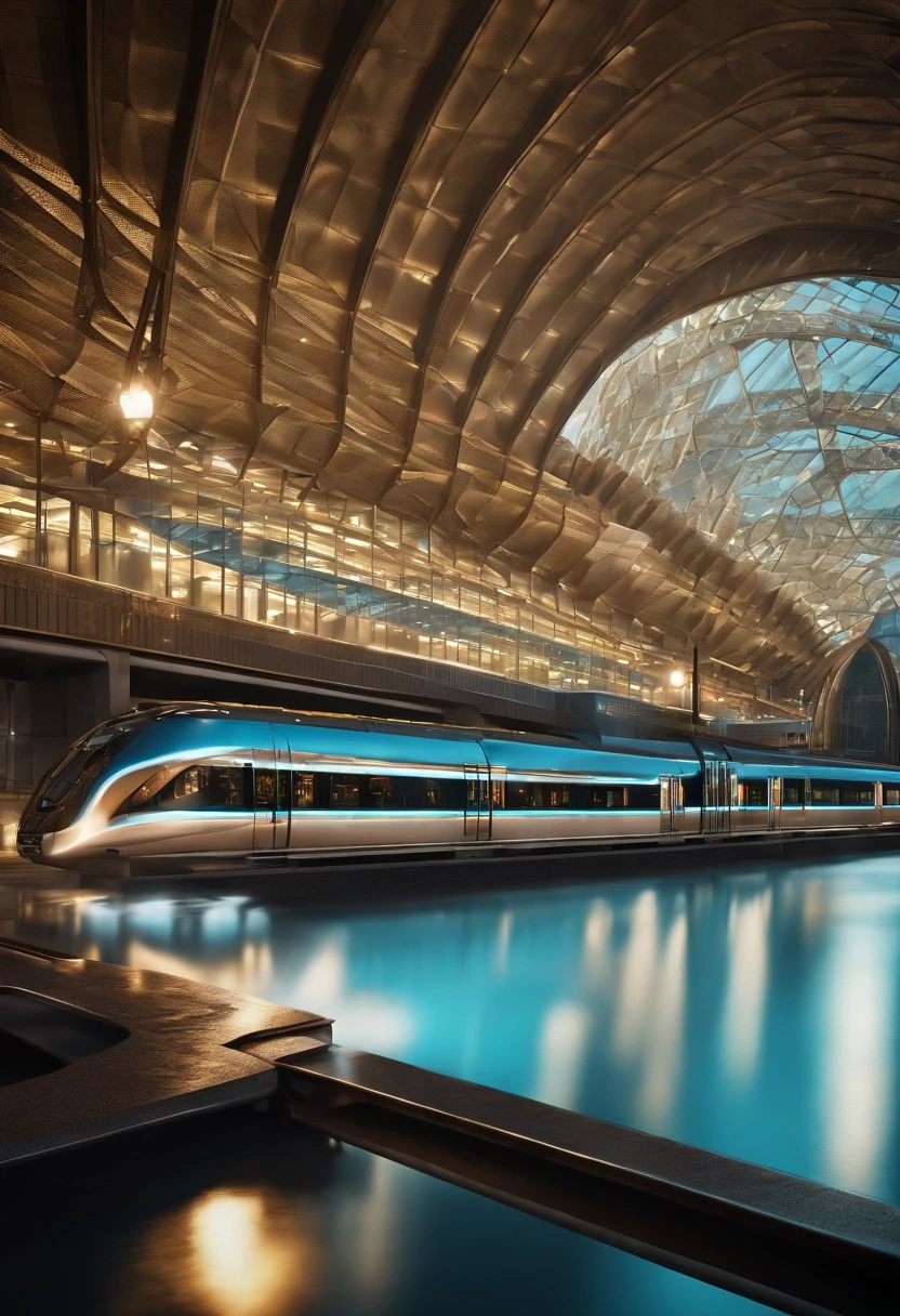 Create an image of a modern train station with futuristic architectural features, set against the backdrop of shimmering water. The train station should have a cutting-edge design that makes it stand out, and the water should reflect city lights at night, creating a mesmerizing atmosphere