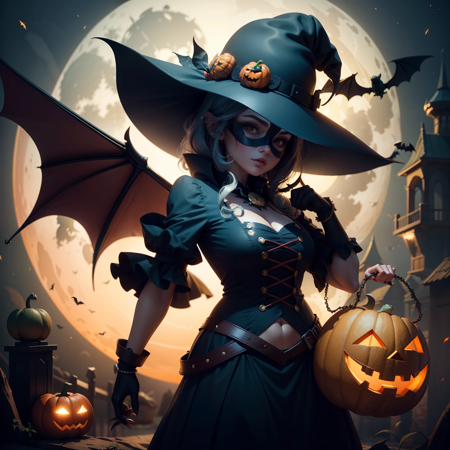 Turtle wearing cute Halloween hat,Middle element,(master-piece,bestquality:1.2),Best Lights,best shadows,Show background, .bat,full big moon, stylized 3d render