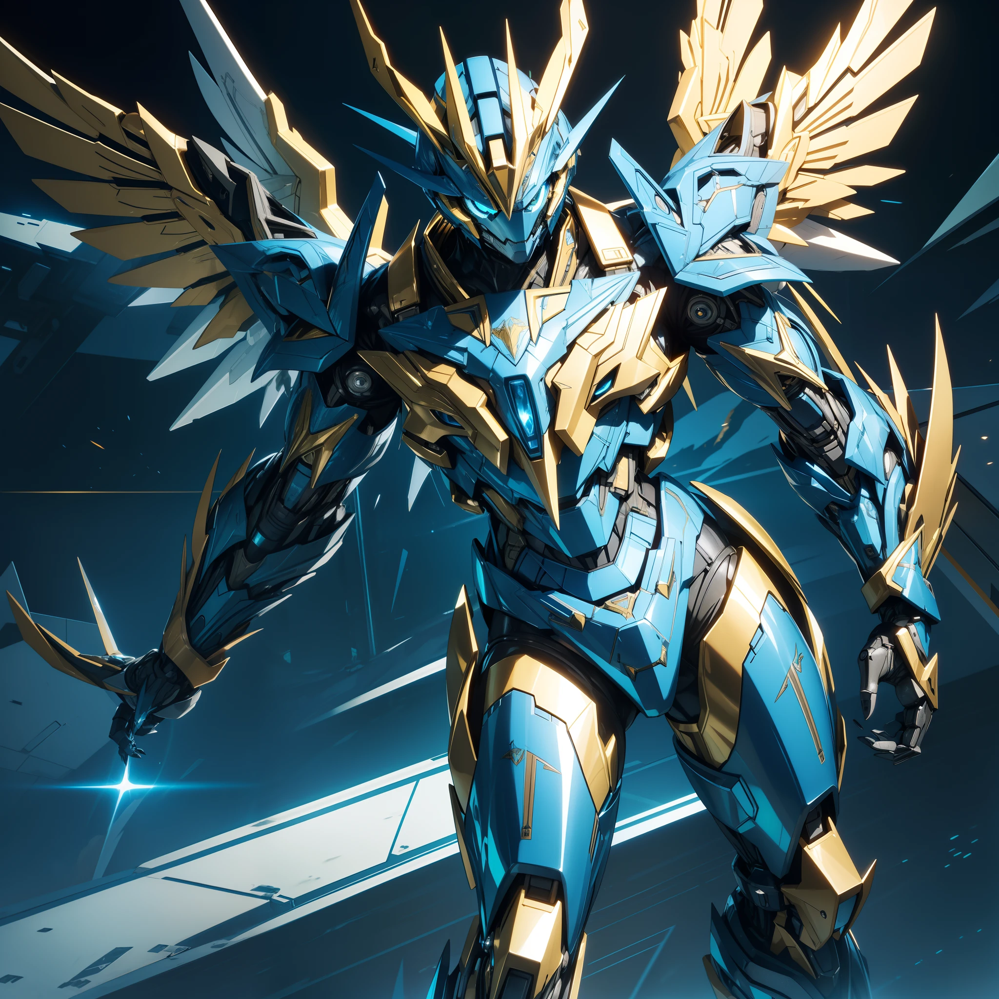 Robotic suit, Eagle shaped blue shiny eyes,suit fully made of metal, metallic eagle shaped wings, yellow colour suit, cyborg, Sharp metallic teeth mouth, standing