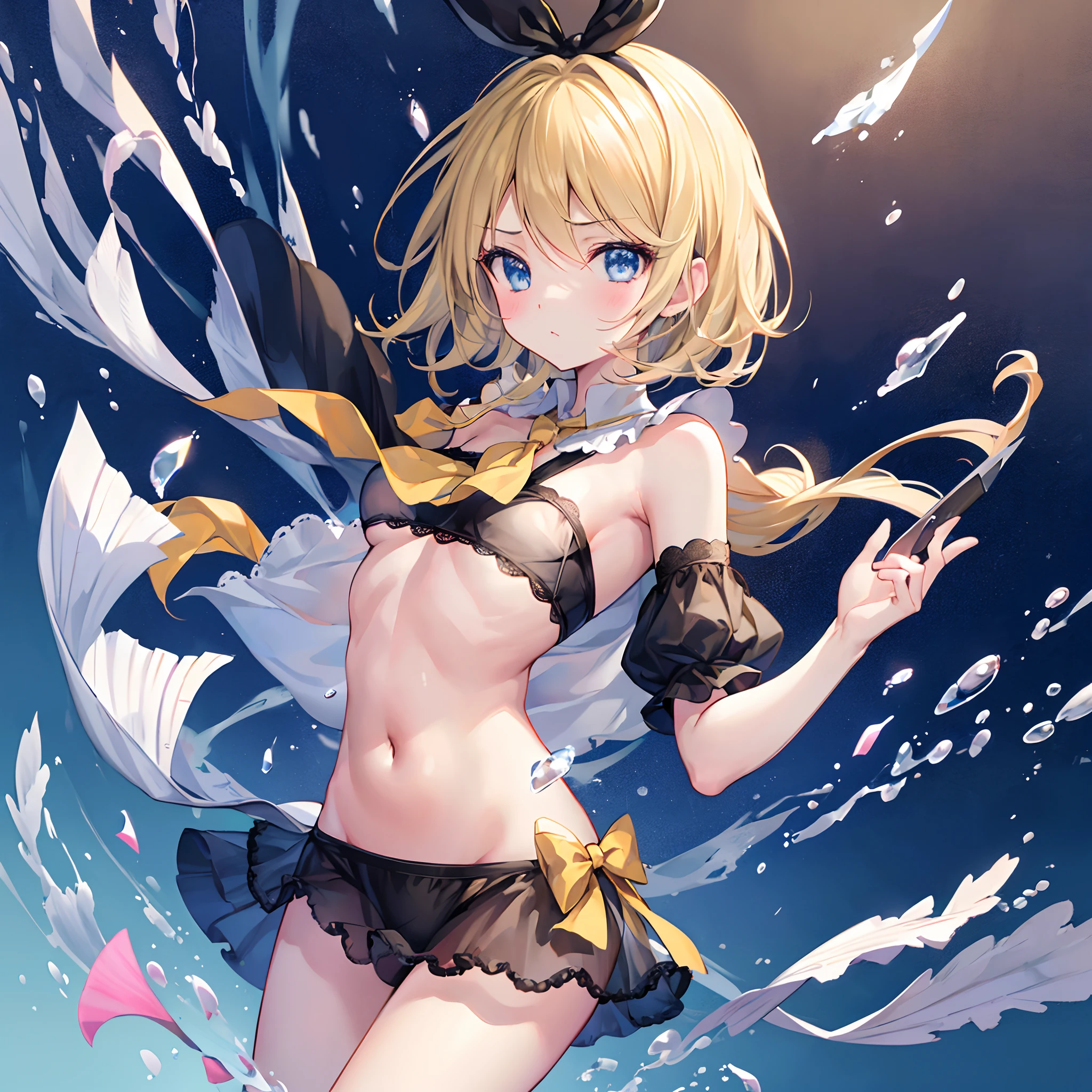 1 chica, kagamine rin (pelvis curtain: 1.3) Black Sheer Erotic Lingerie, obra maestra, arte oficial, hiperenfoque, sakimi zen (mejor calidad: 1), (obra maestra: 1), (Super detail: 1), (medias: 1.2), 1 chica, regordeta, avergonzada de mirar a la audiencia, Swelling, small breasts, small breasts, areola grande, tiro de mezclilla, solo, fondo simple