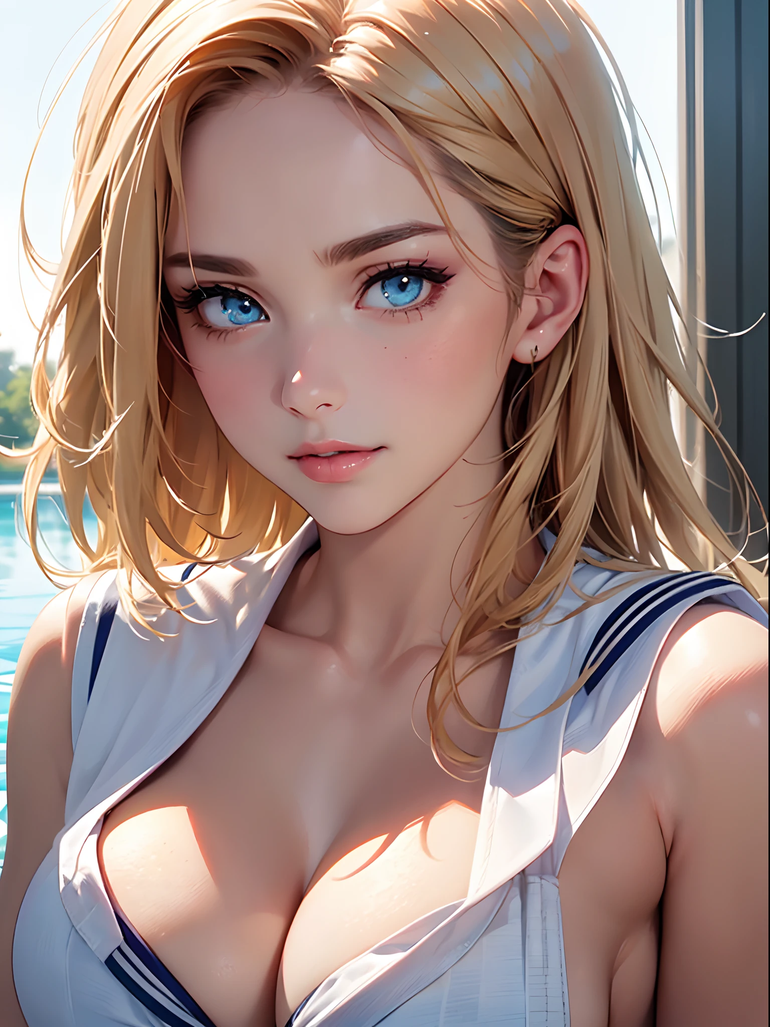 (((close up of face))), (((toppless))), (large full breasts), (((cleavage))), ((Smooth texture, Realistic texture, Photorealistic)), ((Detailed beautiful eyes, Beautiful eyelashes, emerald eyes)), blonde medium hair, extremely detailed CG unified 8k wallpaper, very fine 8KCG wallpaper, (masterpiece, Best Quality), High resolution, Ultra-detailed, ultra-sharp, 1 Lady, Naked, at poolside, ((( sheerwhite sailor shirt, Sleeveless, Open front))), (Beautiful face, Cute face, Detailed face), (((Sunny))), Perfect Eyes Eyes