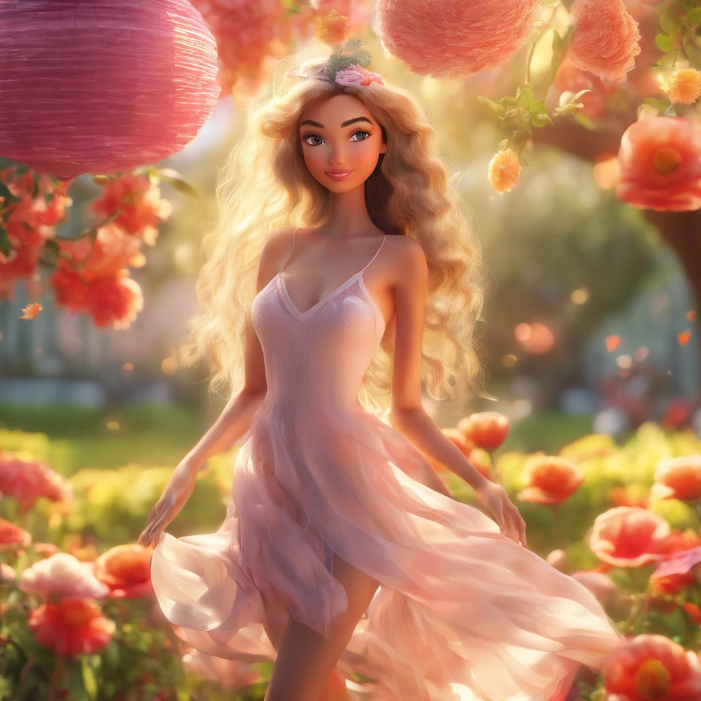 (best quality, 4k, 8k, high resolution, masterpiece: 1.2), ultra-detailed, realistic, HDR, UHD, full body girl in a garden, beautiful detailed eyes, beautiful detailed lips, extremely detailed eyes and face, long eyelashes, portrait, smooth legs shining in daylight arms and hands with smooth skin, high fashion, captivating pose, soft natural light, sunlit garden, summer afternoon, background full of flowers, vibrant colors, blurred background, mixed shadows, transparent fabric showing her naked body flowing in the wind, playful and carefree expression