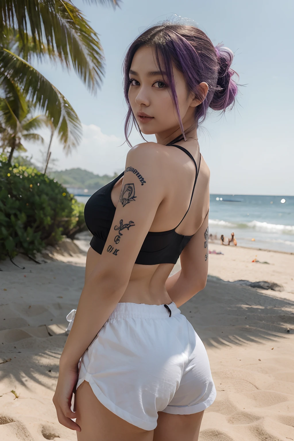 araffe in a black bra top and white shorts in a beach, korean girl, gorgeous young korean woman, back pose, in shorts, cottagecore!! fitness body, toned derriere, thicc, side pose, beautiful south korean woman, booty shorts, 2 4 year old female model, sexy girl wearing shorts, korean woman, lit from behind, heavy makeup, hair ties, slightly open mouth, big eyes, glossy, very pretty face, slender waist, sex pack, light purple hair, tattoo girl